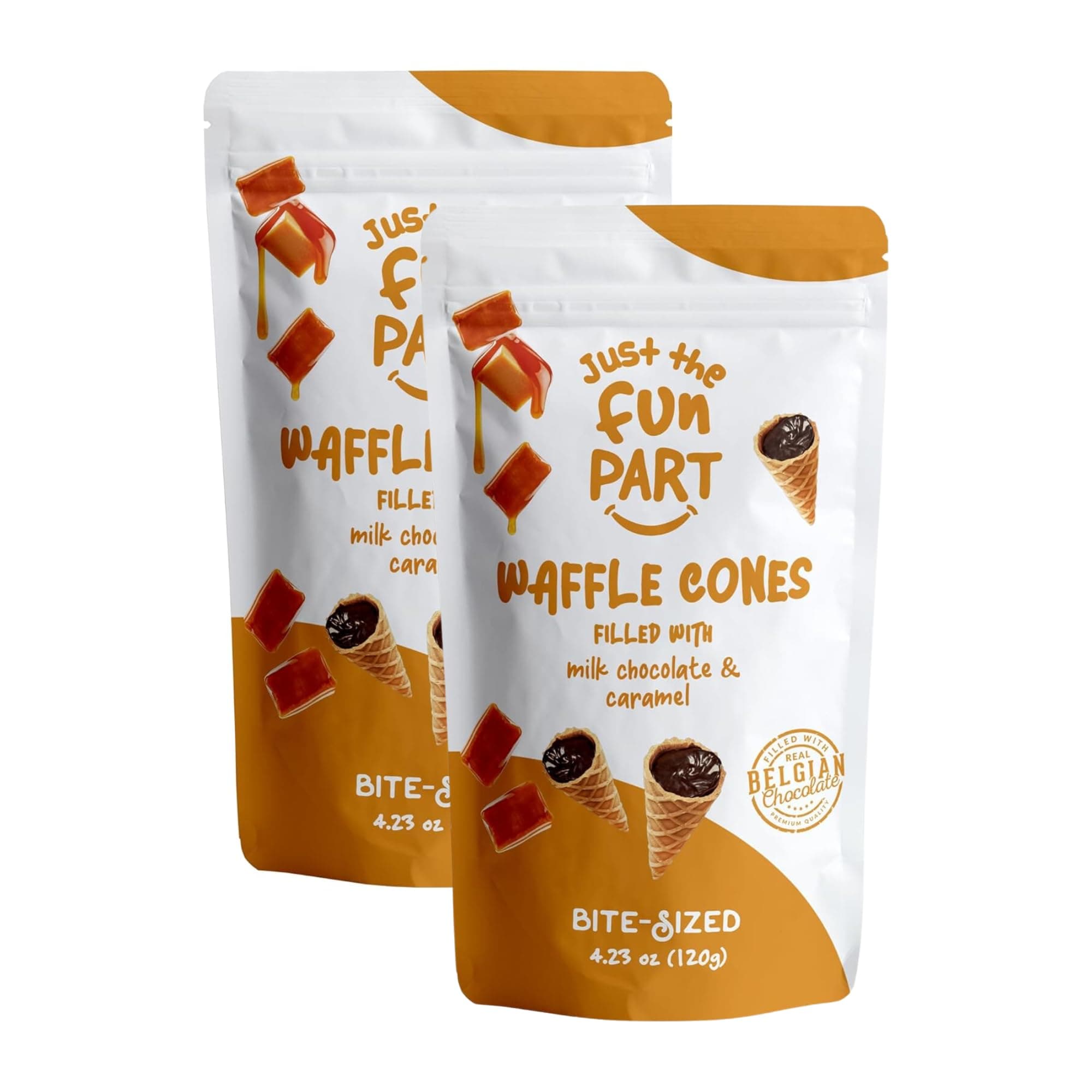 Bite-Size Crispy Mini Waffle Cones | Filled With Premium Belgian Chocolate | Great For Snacks, Desserts, Grab & Go | Kosher | 4.23 Ounce (Pack of 2, Caramel, Milk Chocolate)