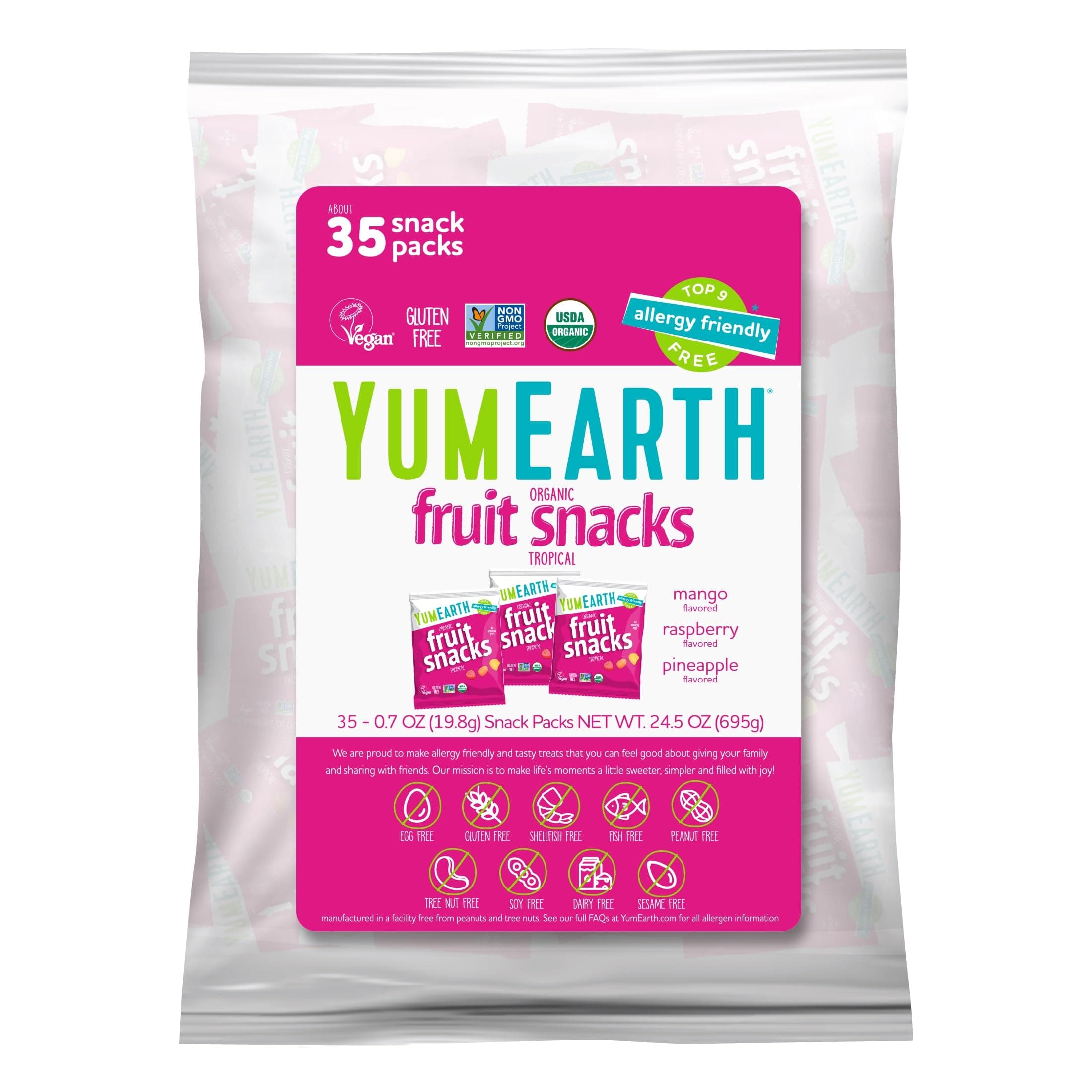 YumEarth Organic Tropical Fruit Snacks (Pack of 35) - 0.7 Ounce Snacks Packs - Non GMO, Gluten Free, Vegan, Dye Free - Pineapple, Raspberry, Mango