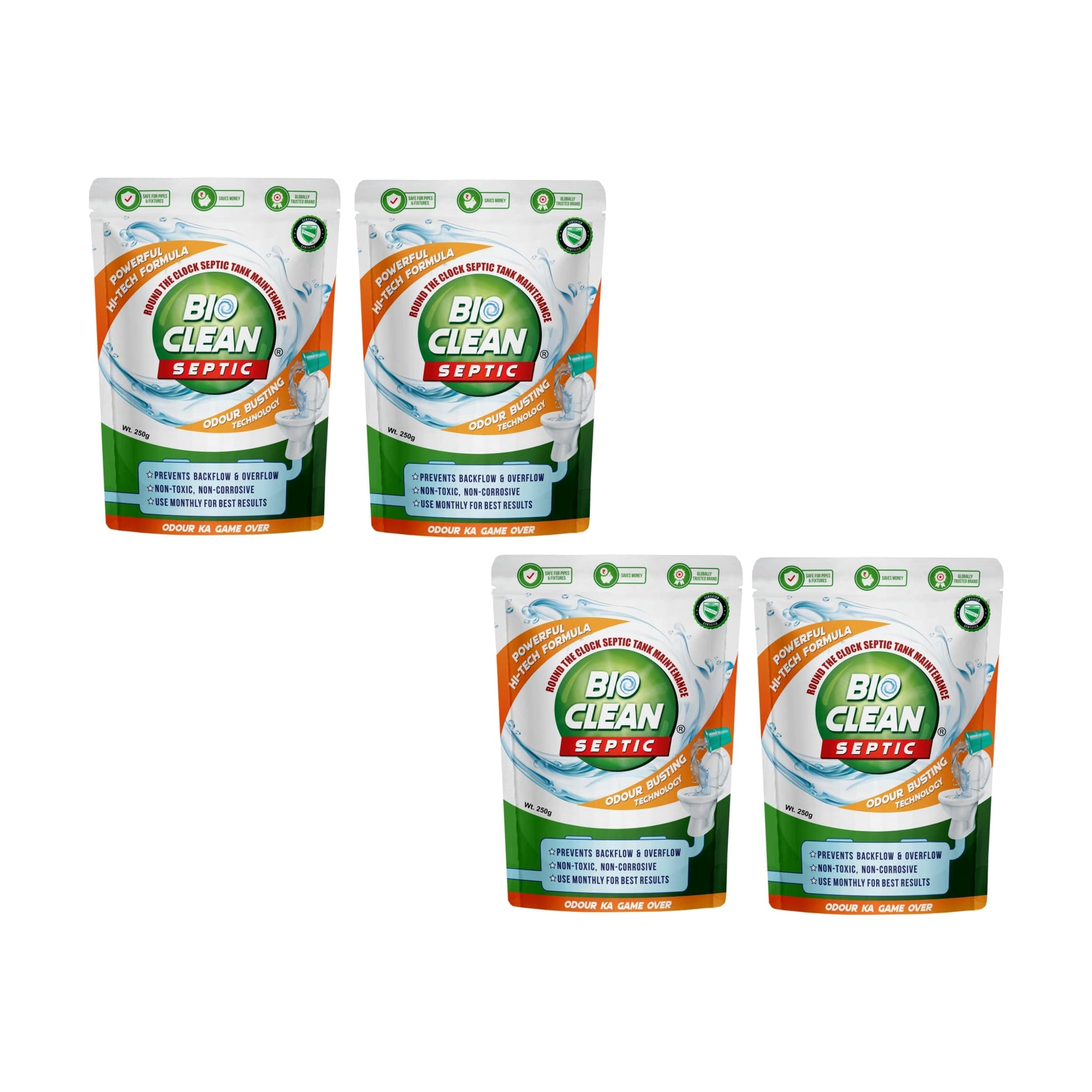 Bioclean Septic Tank Cleaning Powder | Odour Removing Septic Bacteria Powder | Best septic tank sludge dissolver | Effective Septic Treatment | Powerful septic tank powder | Pack of 4 (250gm)