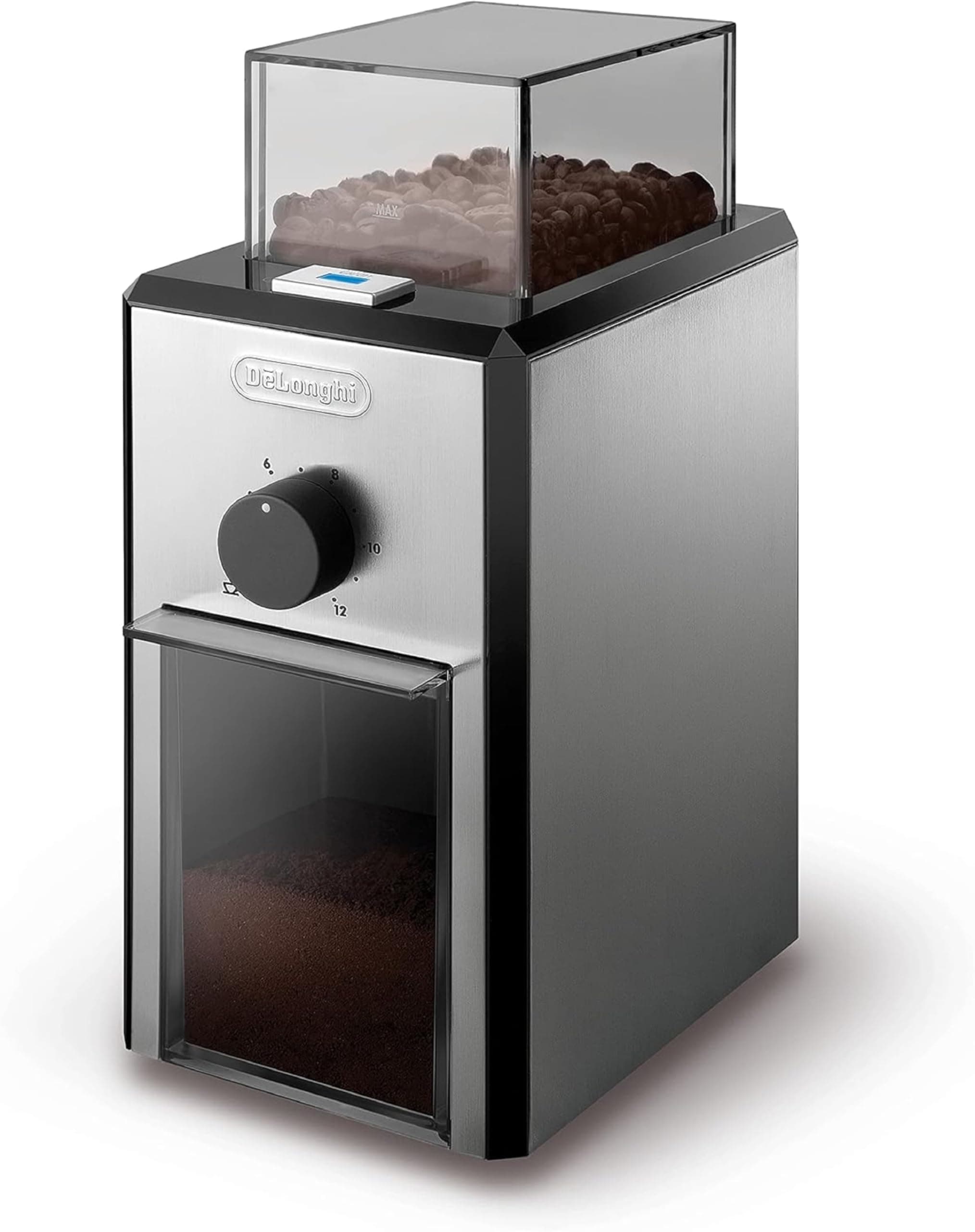 DeLonghi Stainless Steel Burr Coffee Grinder with Grind Selector and Quantity Control