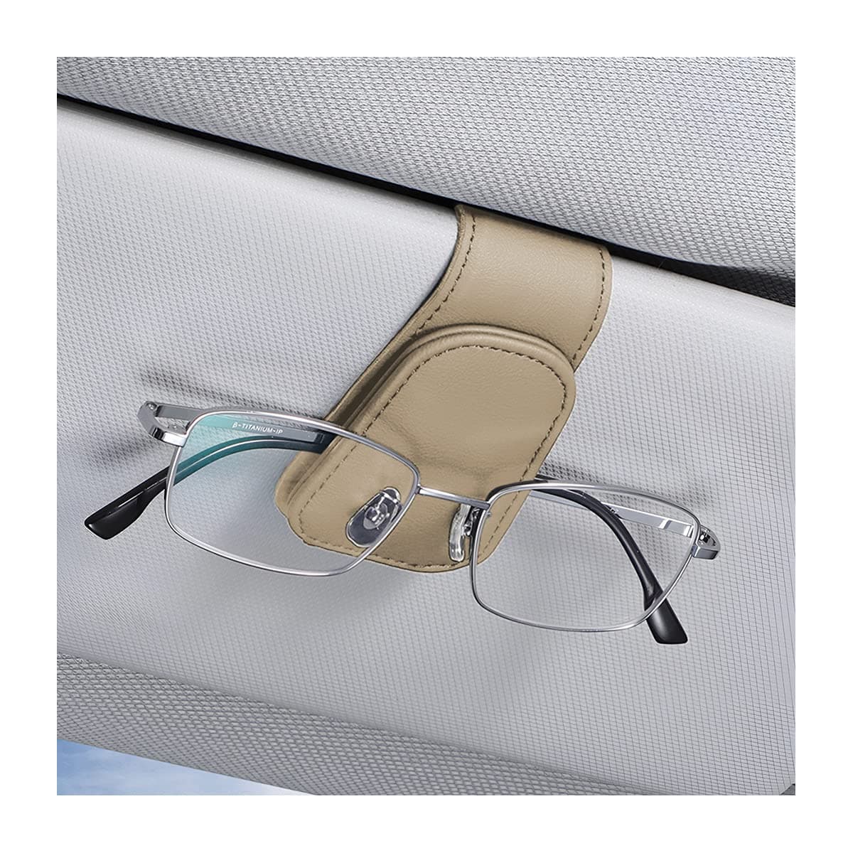AICEL Sunglasses Holders for Car Sun Visor, Leather Eyeglasses Hanger Mounter, Magnetic Glasses Holder and Ticket Card Clip, Auto Interior Accessories Universal for SUV Pickup Truck (Beige)