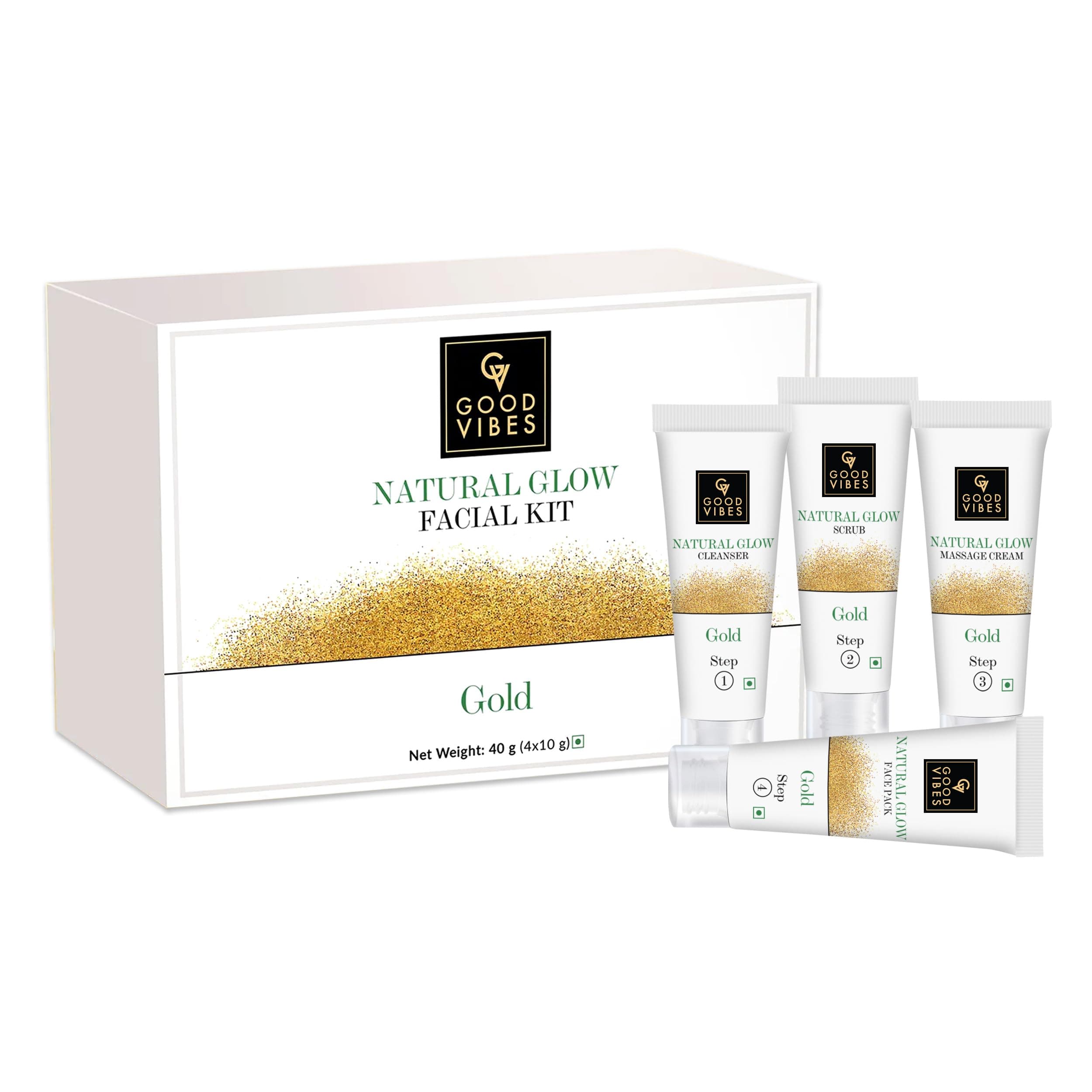 Good Vibes Gold Natural Glow Facial Kit - 4 Step Skin Care Includes Cleanser, Scrub, Cream and Pack - 10 g each - Cruelty Free