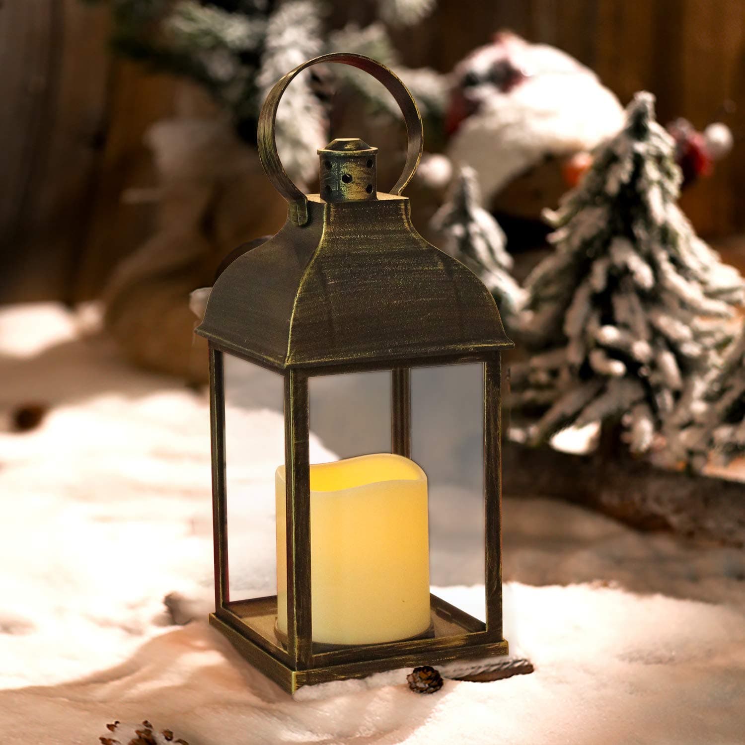 Decorative Candle Lantern with LED Flickering Flameless Candle with Timer Indoor Hanging Lanterns Battery Powered Candle Lantern Decor for Wedding,Halloween,Christmas Ornaments(Bronze)