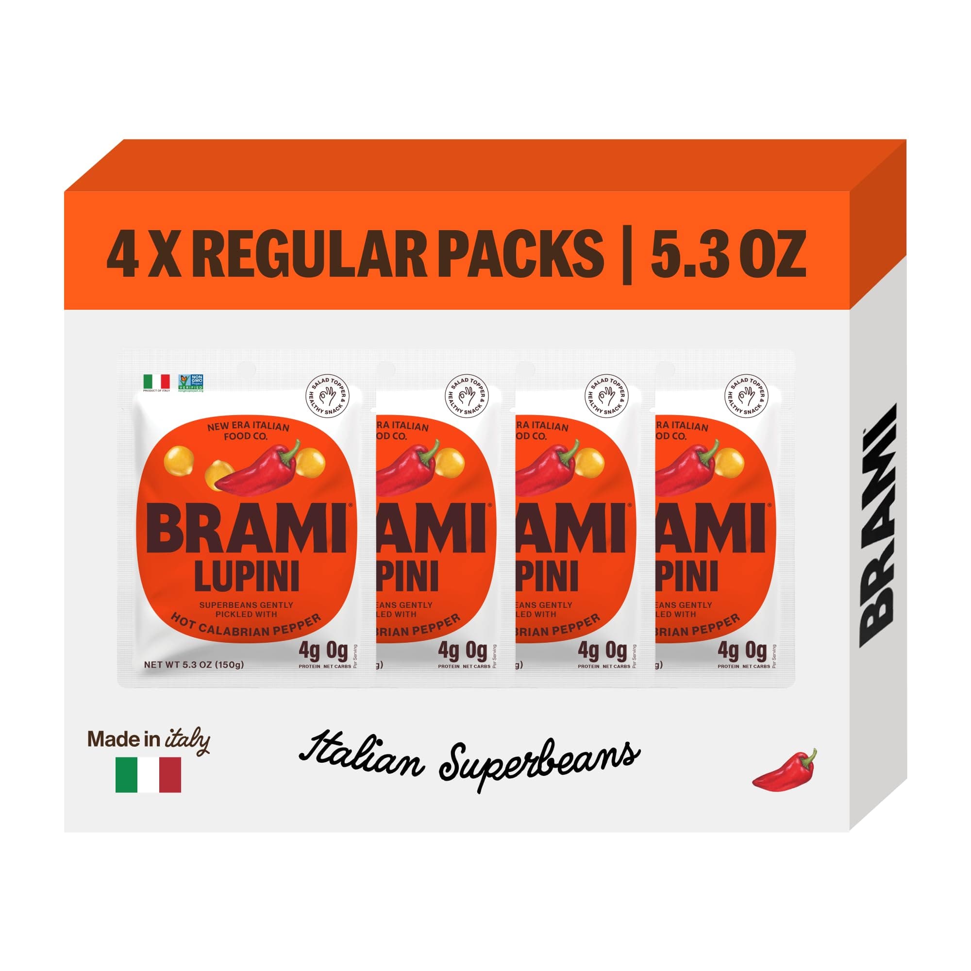 BRAMI Lupini Beans Snack, Hot Chili Pepper | 7g Plant Protein, 0g Net Carbs | Vegan, Vegetarian, Keto, Mediterranean Diet, Non Perishable | 5.3 Ounce(Pack of 4)