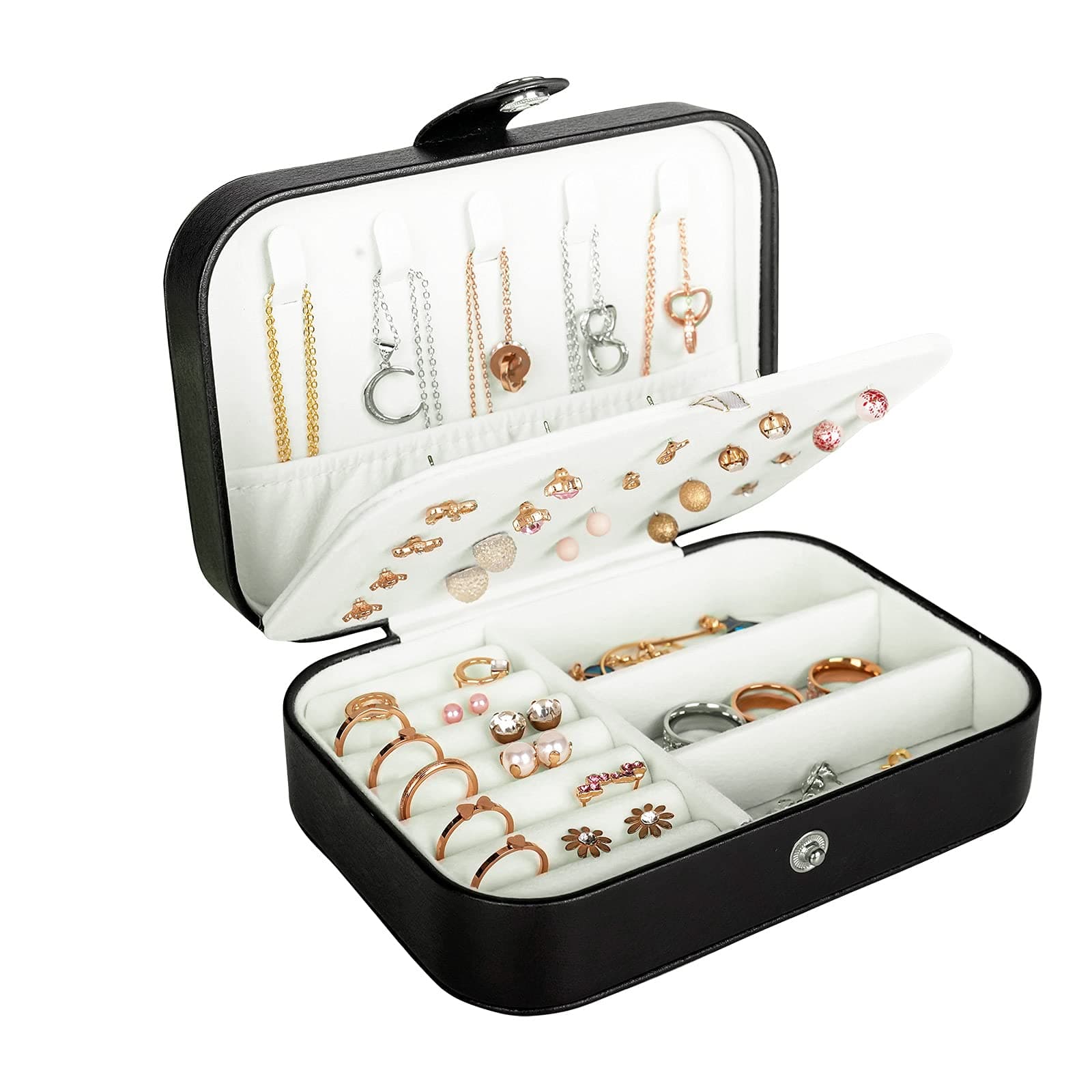 Hatori Travel Jewelry Box, PU Leather Small Jewelry Organizer for Women Girls, Portable Mini Travel Case Display Storage Holder Boxes for Stud Earrings, Rings, Necklaces, Bracelets.