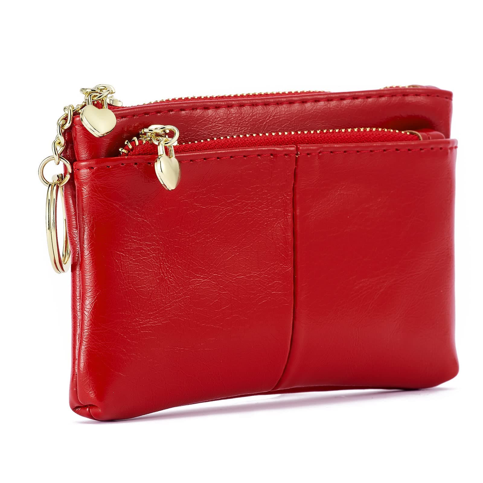 Women PU Leather Zip Mini Coin Purse With Key Ring Triple Zipper Card Holder Wallet(Red)