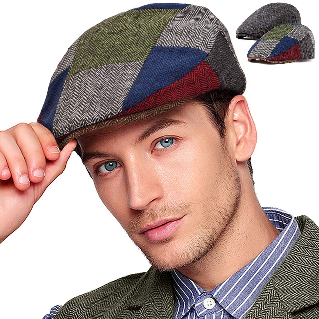 LADYBRO 2Pack Adjustable Newsboy Hats for Men Flat Cap Irish Cabbie Wool Blend Tweed