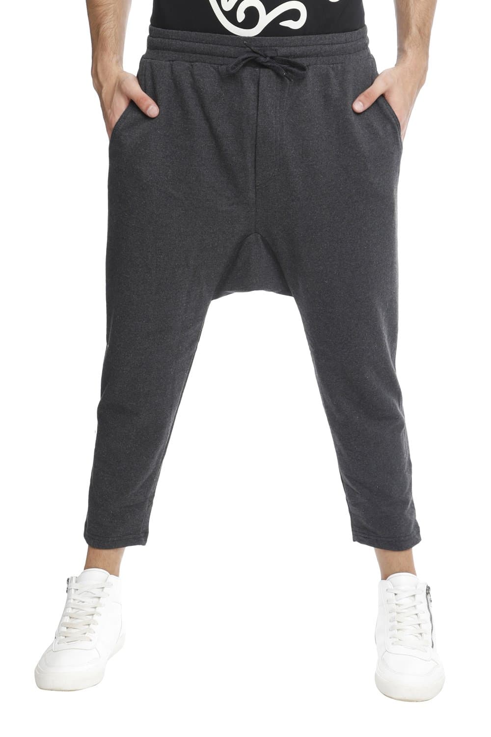 5IVE DEGREEMen's Cotton Blend Grey Melange Drop Crotch 34th 3/4th Hip Hop Track Pants Outdoors Sport Jogging Sweatpants … (M, Grey)