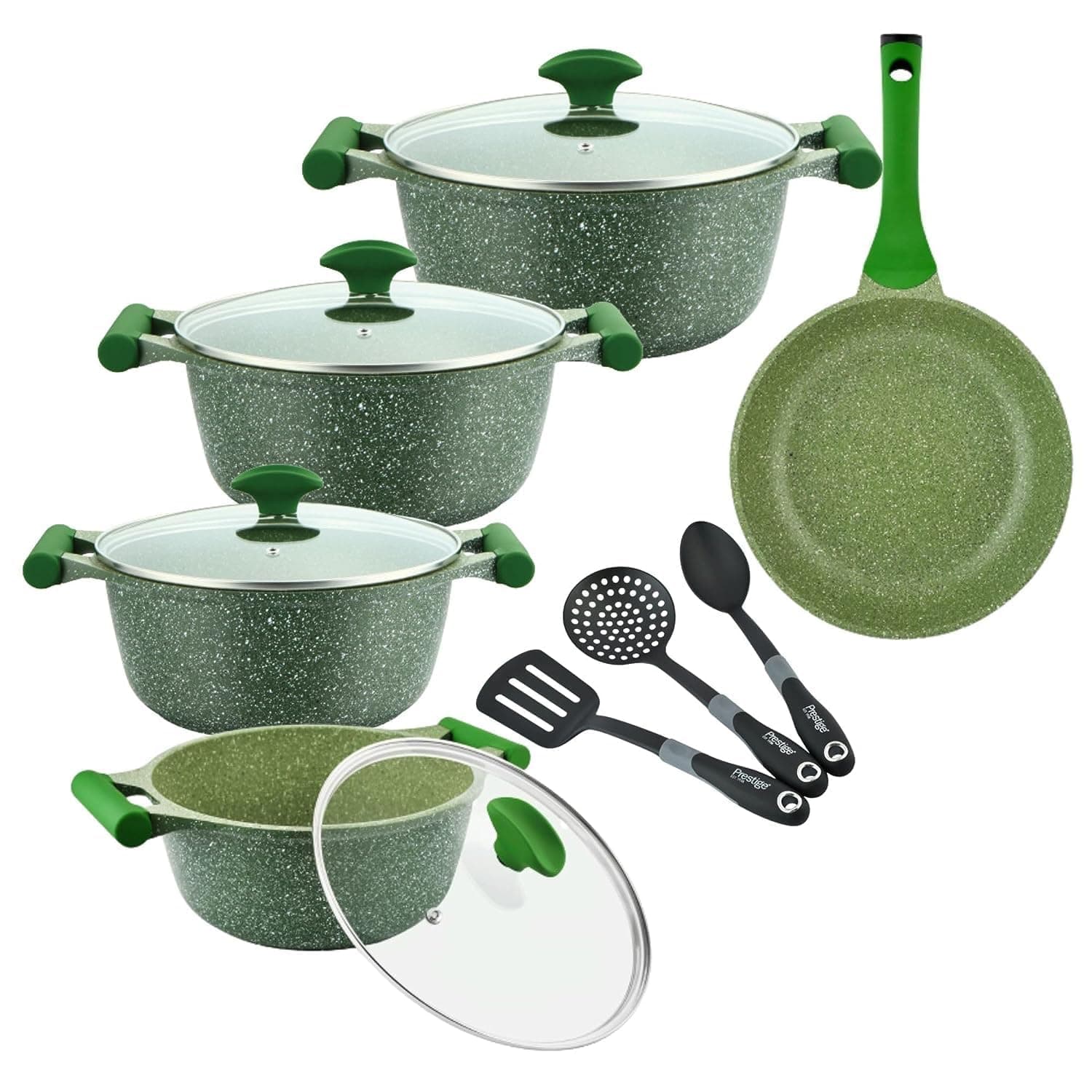 Prestige 12 pc Green Granite Non-Stick Aluminium Cookware Set | Induction Base | Non-Stick Aluminium | Granite Casserole & Fry Pan