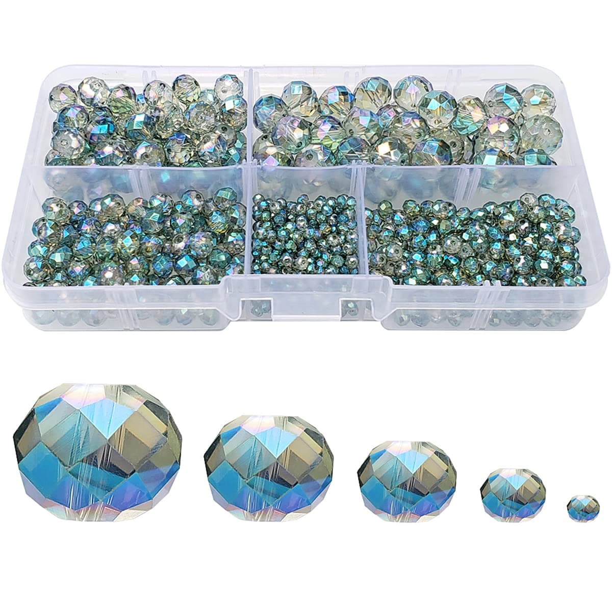 Clear Green Rondelle Glass Beads for Jewelry Making, Faceted Briolette Crytal Spacer Beads for Bracelet Necklace Earring (2mm 4mm 6mm 8mm 10mm Mixed Sizes, 1000pcs)