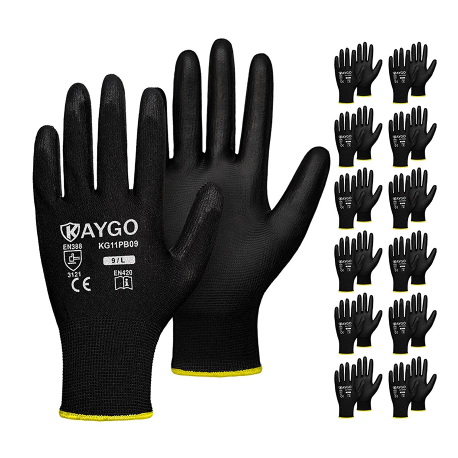 Work Gloves for Men and Women,12 Pairs Seamless Knit PU Coated Safety Gloves, with Smooth Grip on Palm and Fingers, Ideal for Light Warehouse, Manufacturing, Gardening, KG11P (L, Black)