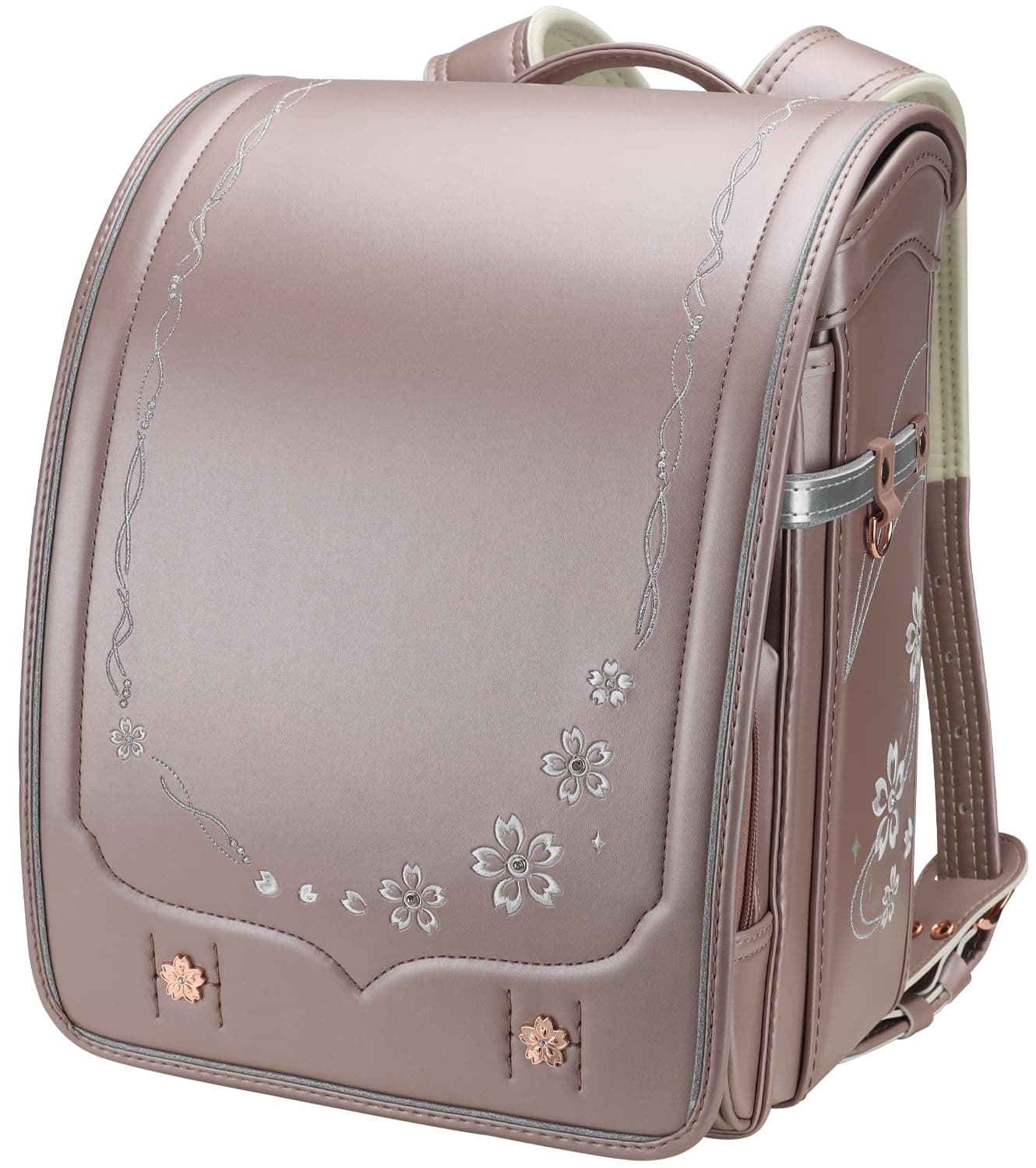 Ransel Randoseru Backpack Automatic Satchel Japanese School Bag Cherry Blossom Sakura Embroidery PU Bookbag for Girls (Champagne)