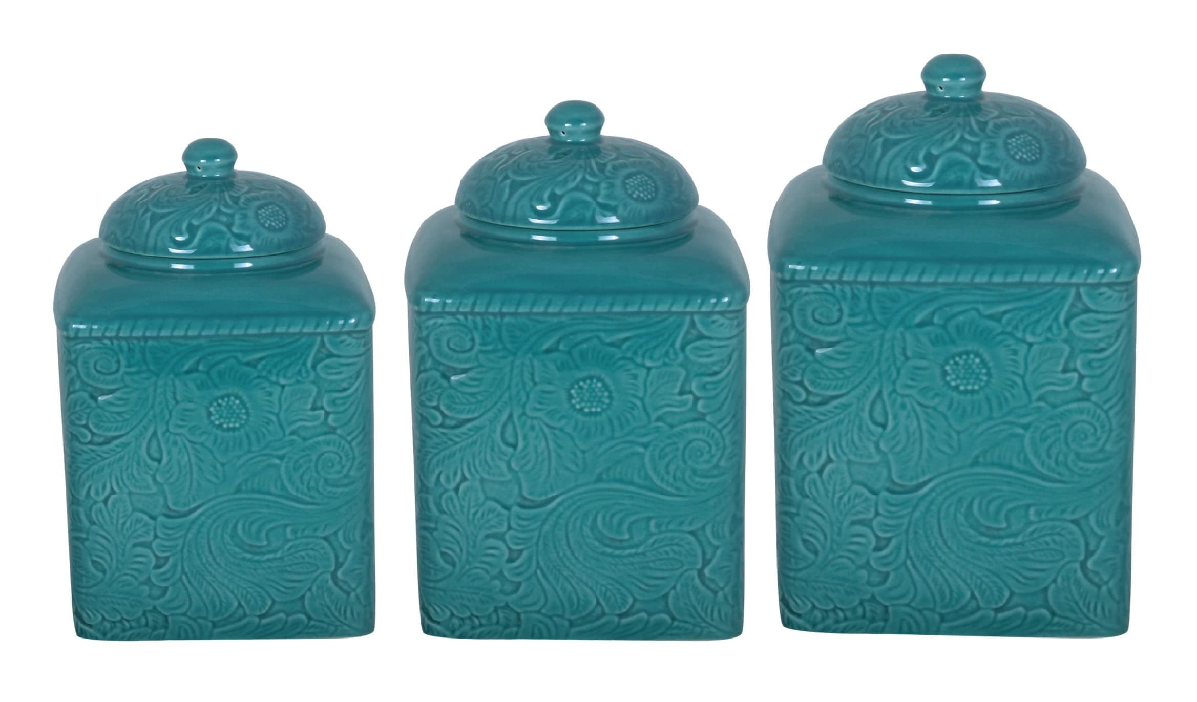 HiEnd Accents Savannah 3 Piece Ceramic Dinnerware Square Canister Set, Turquoise Tooled Leather Floral Pattern, Modern Rustic Western Style