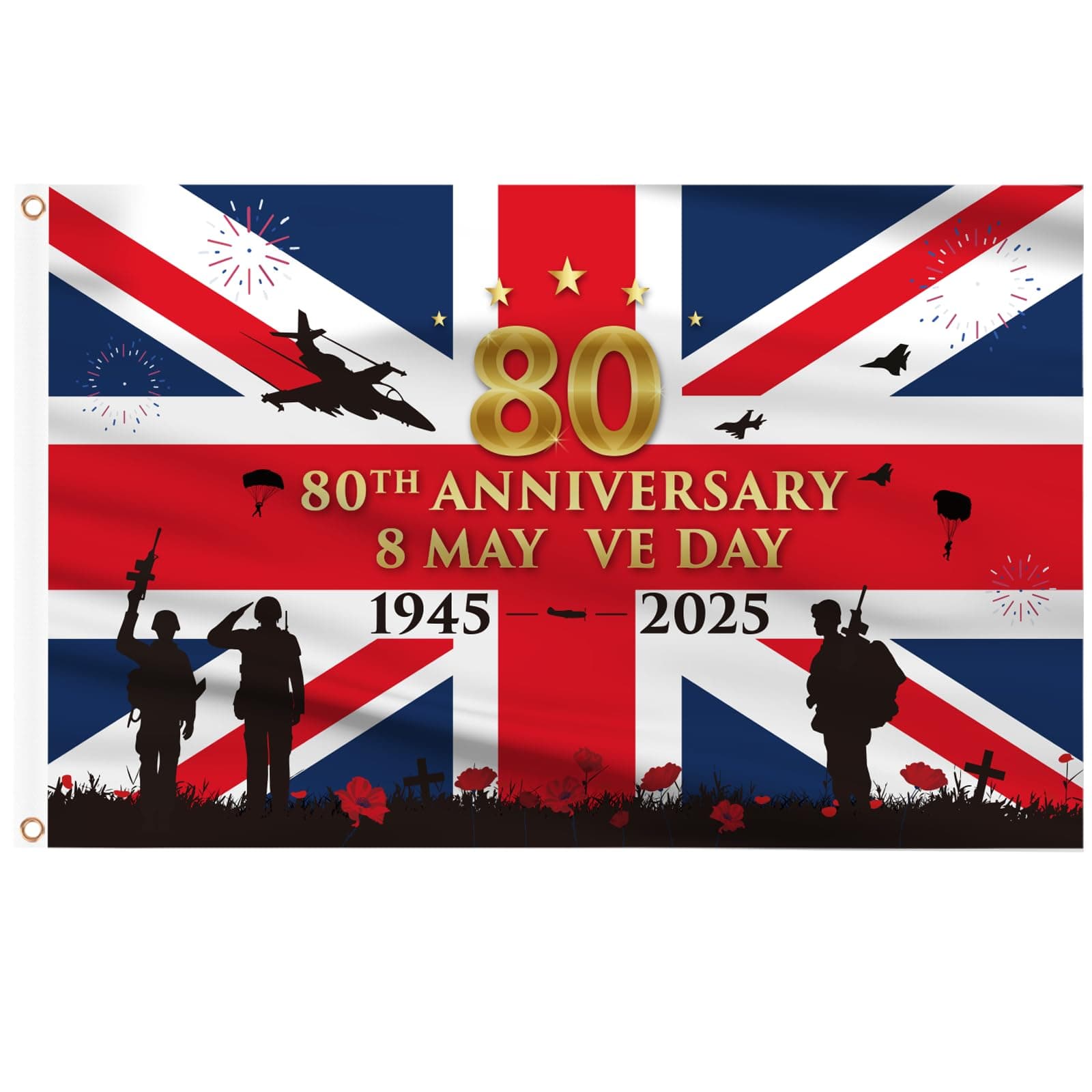 AhfuLife 2Pcs VE Day Flag 3Ft x 5Ft for 80th Anniversary 2025 Decorations, 80 Years VE Day Cloth Flag Party Decorations Waterproof Flag for 80 Years Victory In Europe WW2 1945-2025 Decorations