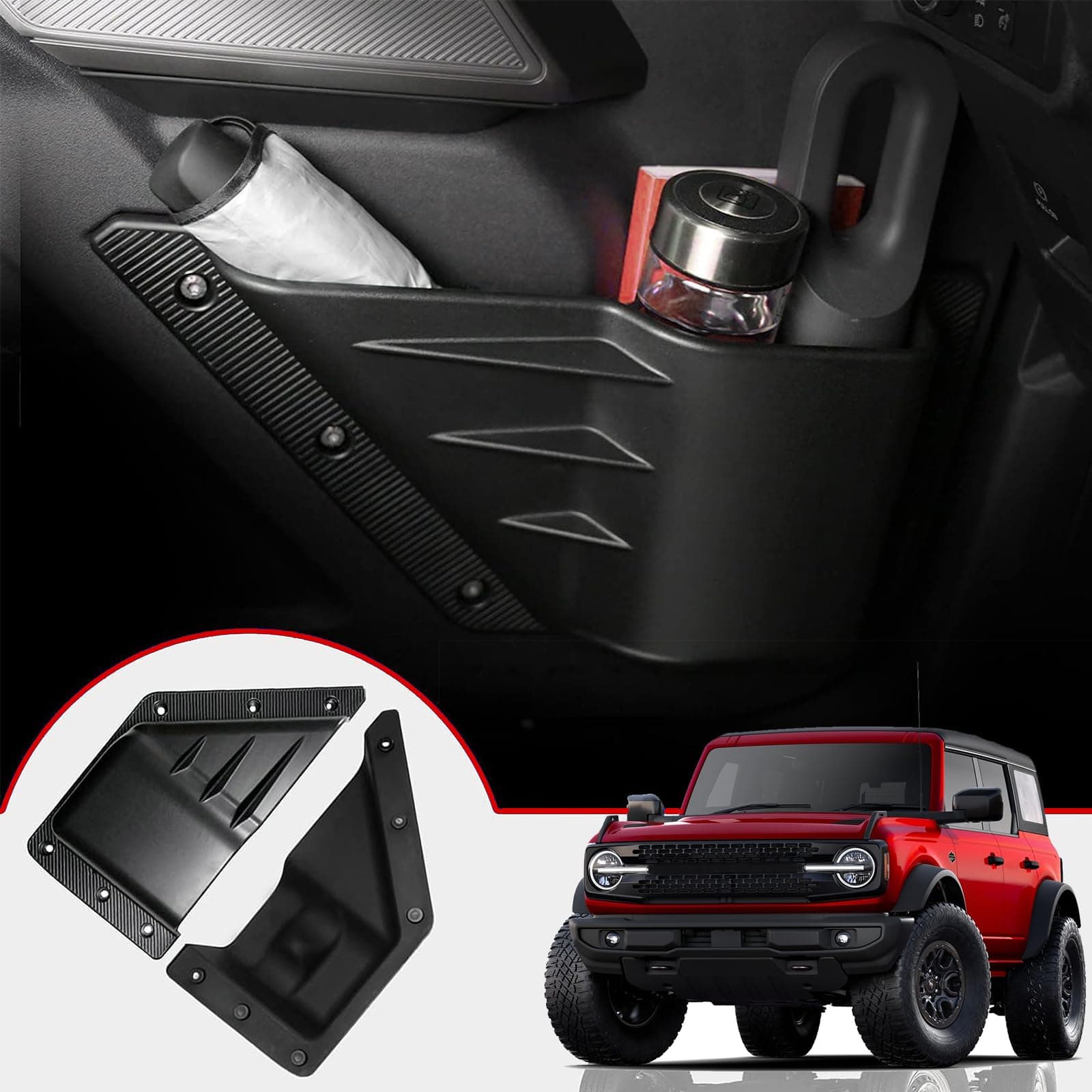 Front Door Storage Pockets for Ford Bronco Accessories 2026,2021-2025, Side Door Organizer Box fit Bronco 2/4-Door, Insert Cup Holder(2PCS)