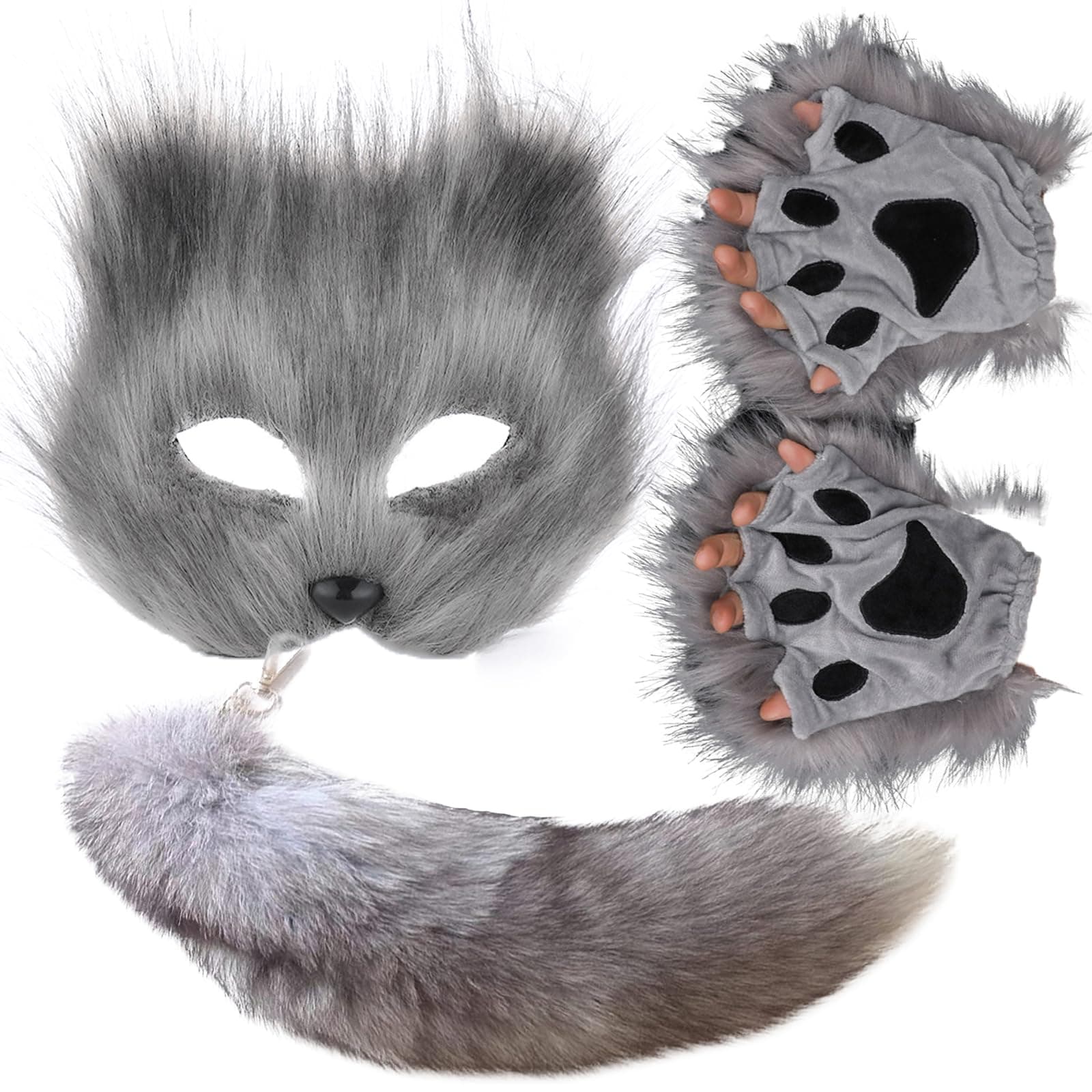 Therian Mask and Tail Set for Girls Halloween Cat Mask Tail Cosplay Fox Mask Wolf Tail Over 1 Years Old