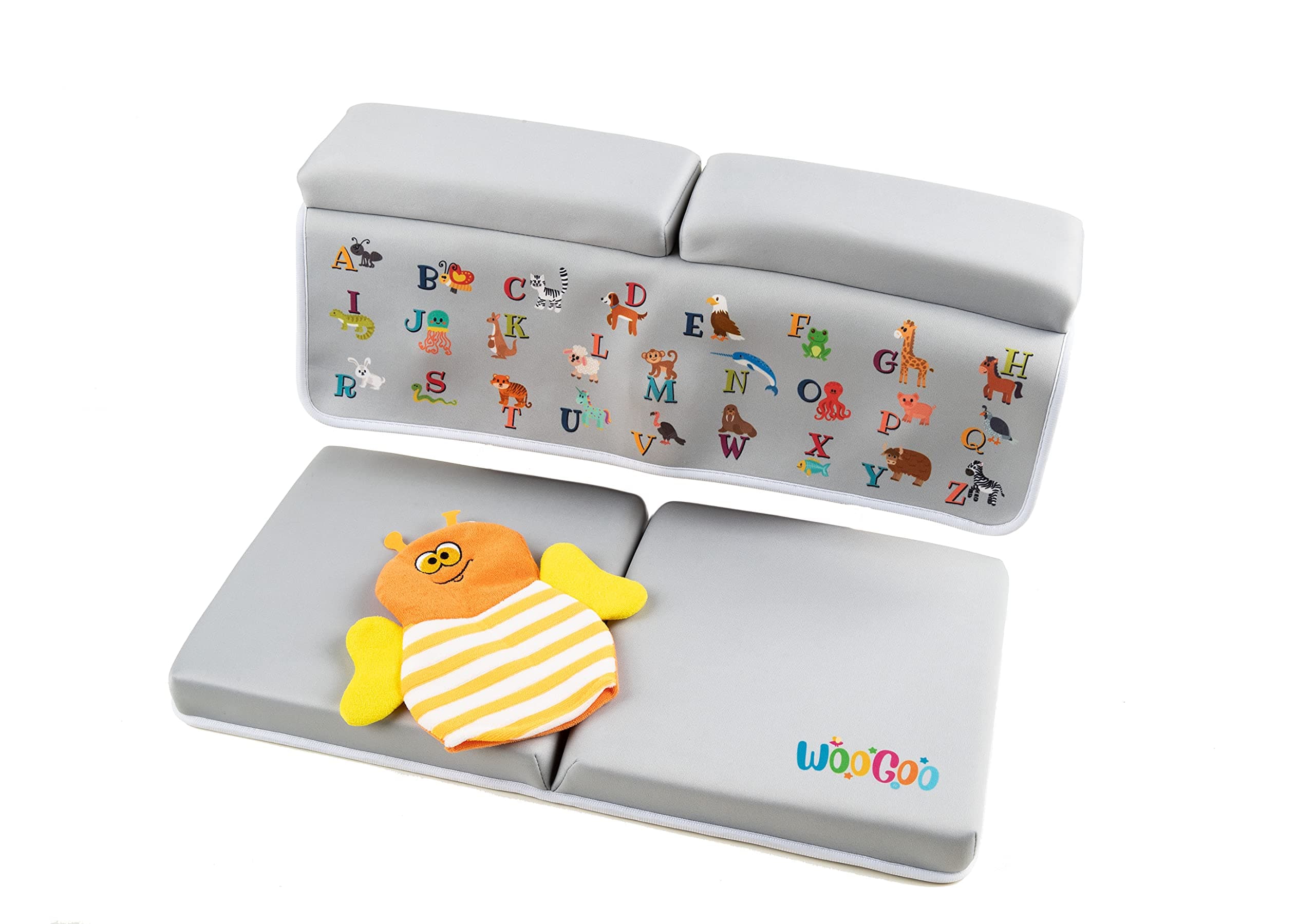 Woogoo Baby Bath Kneeler and Elbow Rest Pad Mat, Thick Baby Bath Kneeling Pad, Elbow and Arm Support for Bathtub with Bee Bath Glove and Baby Accessories Organizer (Grey)