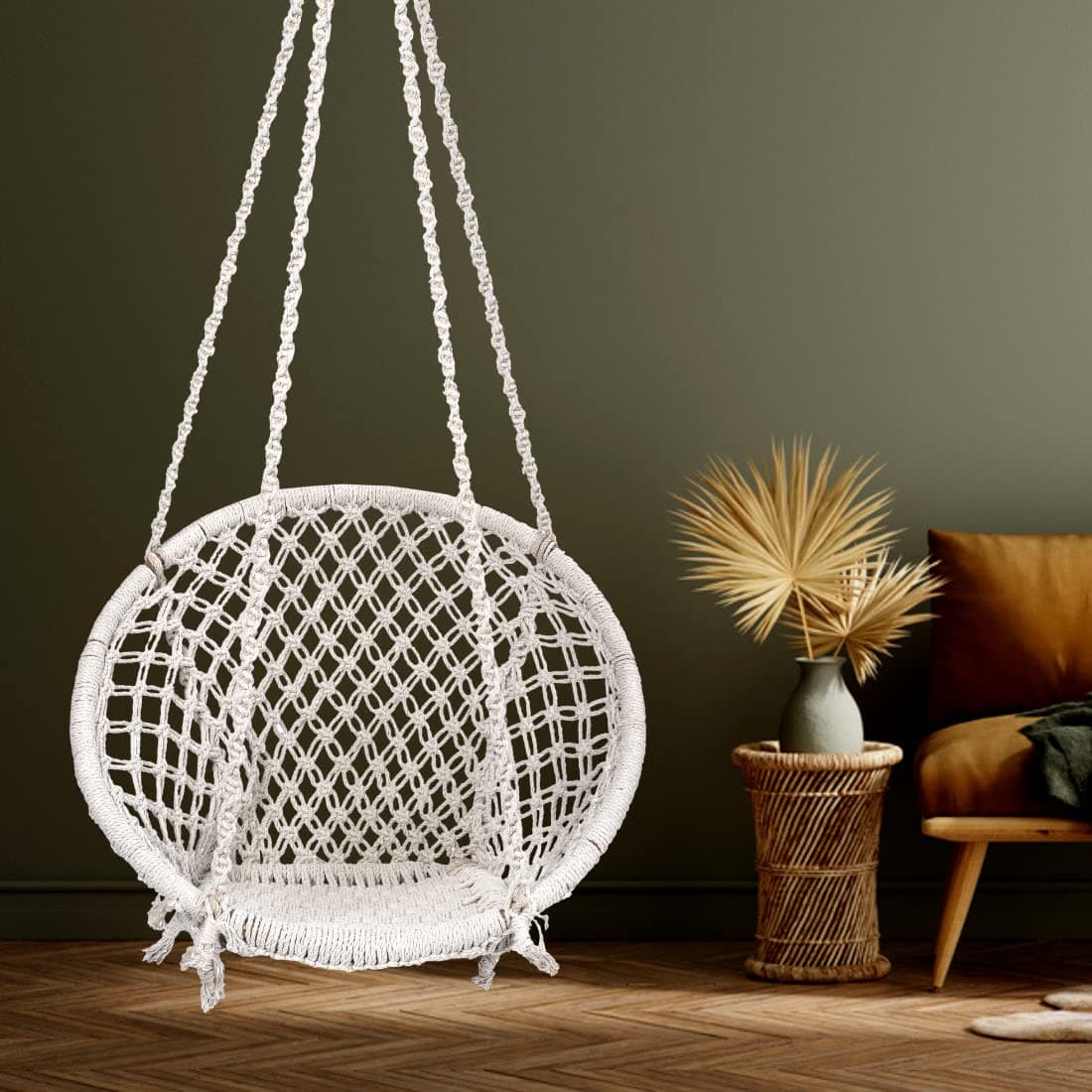 Patiofy Cotton Netted Round Large Swing for Adults/Swing for Balcony/Swing Chair for Adults for Home/Hammock Swing for Adults/Swing Chair Wooden/Without Hanging Kit (120Kgs Weight Capacity- White)