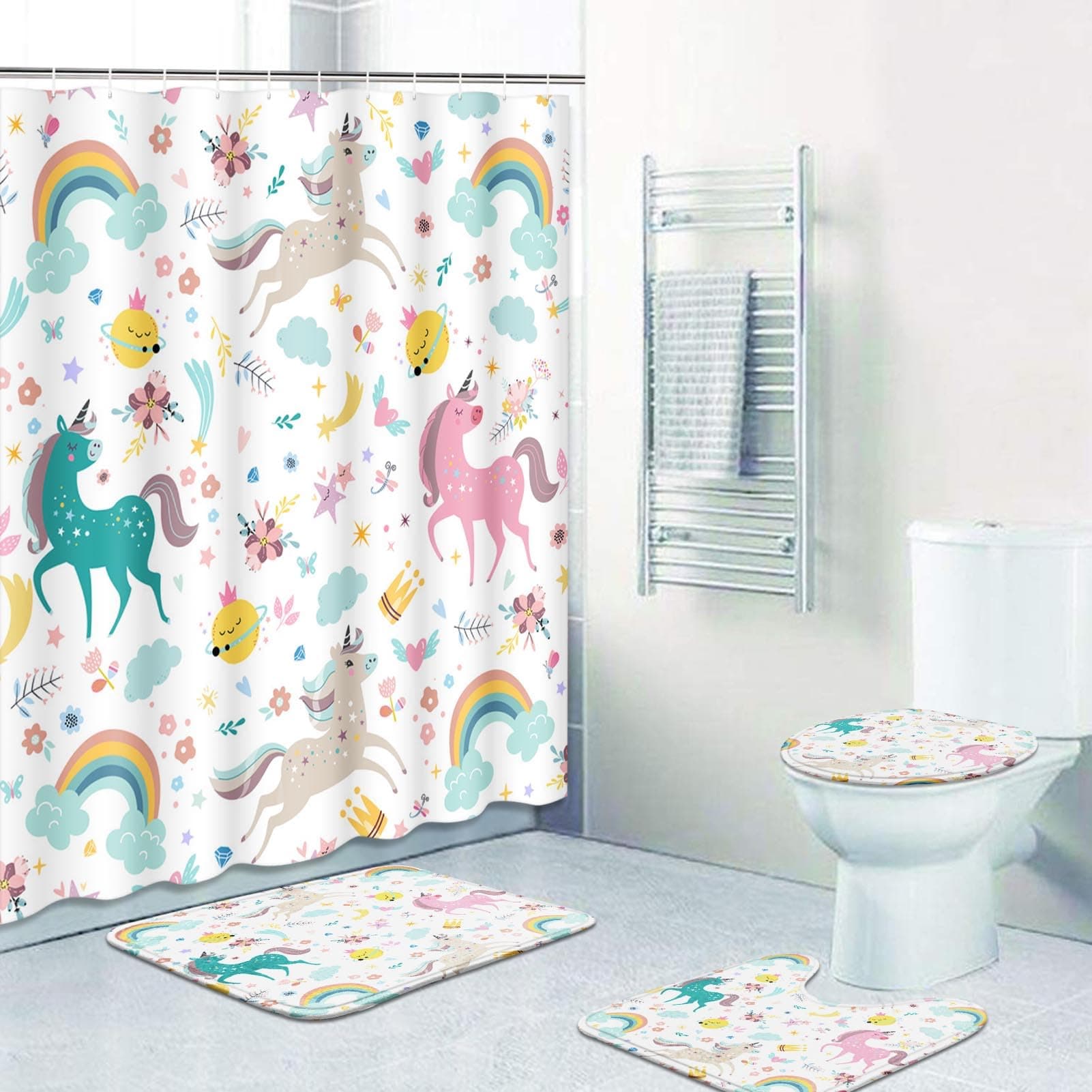 Britimes 4 Piece Shower Curtain Sets, with 12 Hooks, Unicorns Animal with Non-Slip Rugs, Toilet Lid Cover and Bath Mat for Bathroom Decor Set, 72" x 72"