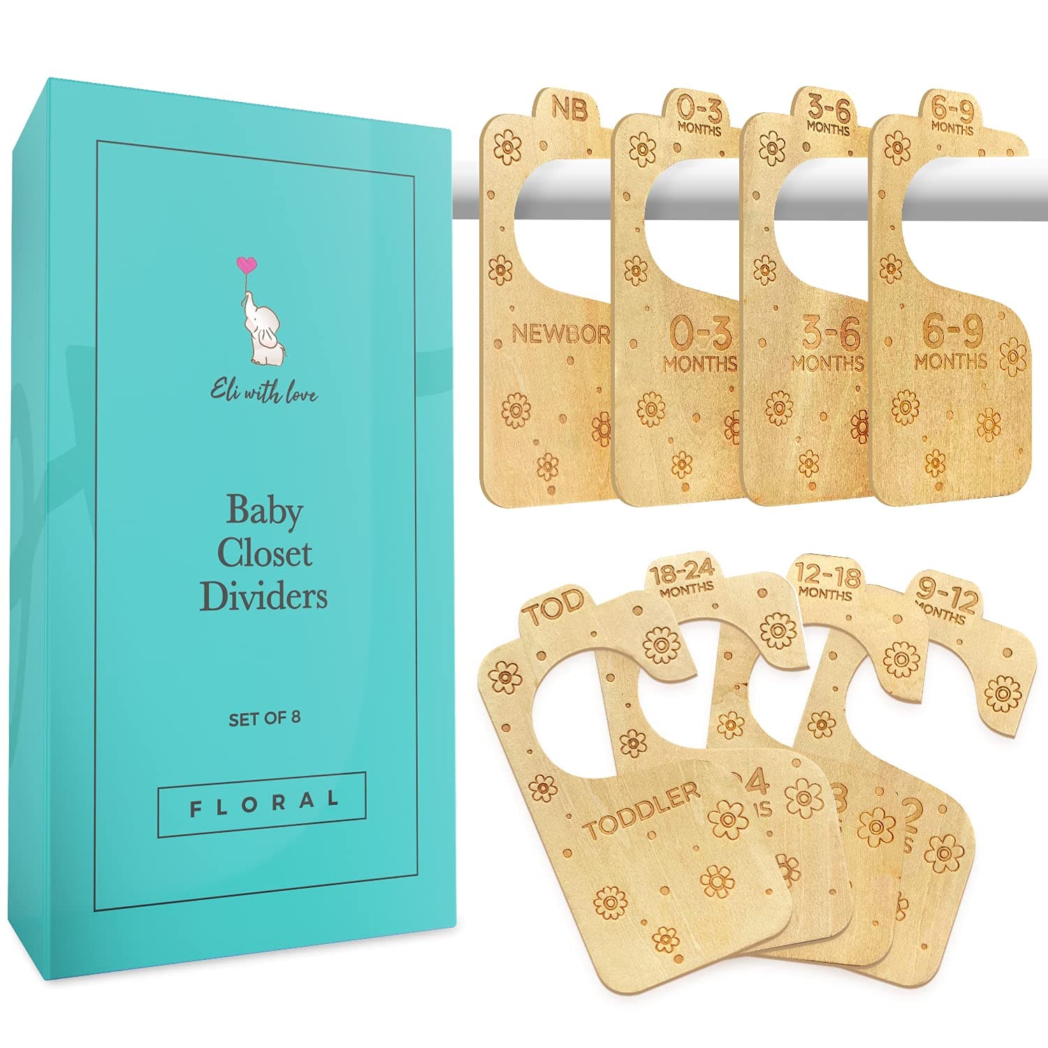 Baby Closet Dividers (Floral) by Eli with Love - 8 Premium Wood Double Sided Baby Closet Size Dividers - Ideal Baby Clothes Dividers for Closet – Organize Nursery Closet Hangers by Size/Age
