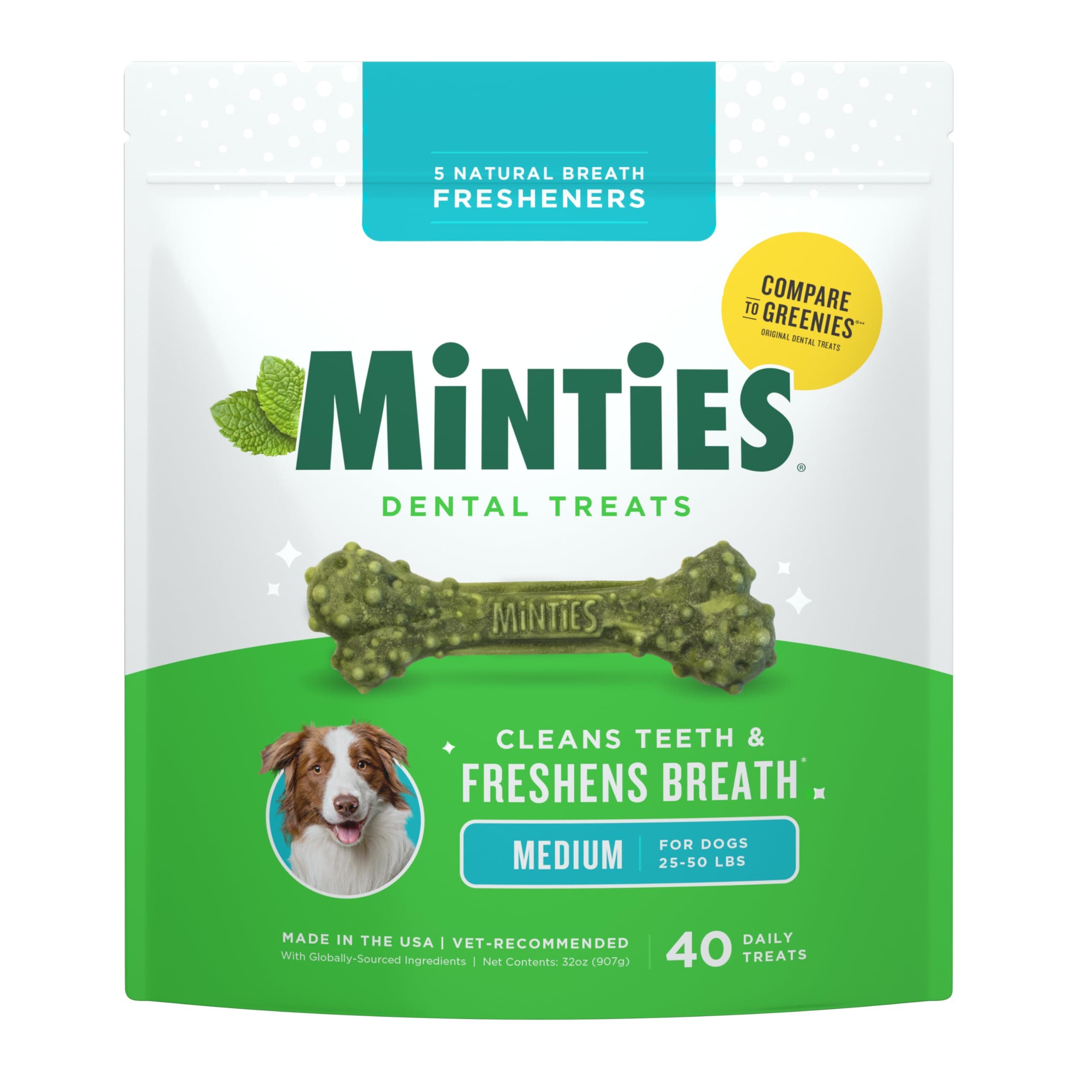 Dental Chews for Dogs, 40 Count, Vet-Recommended Mint-Flavored Dental Dog Treats for Medium Dogs, Bones Clean Teeth, Fight Bad Breath, and Removes Plaque and Tartar