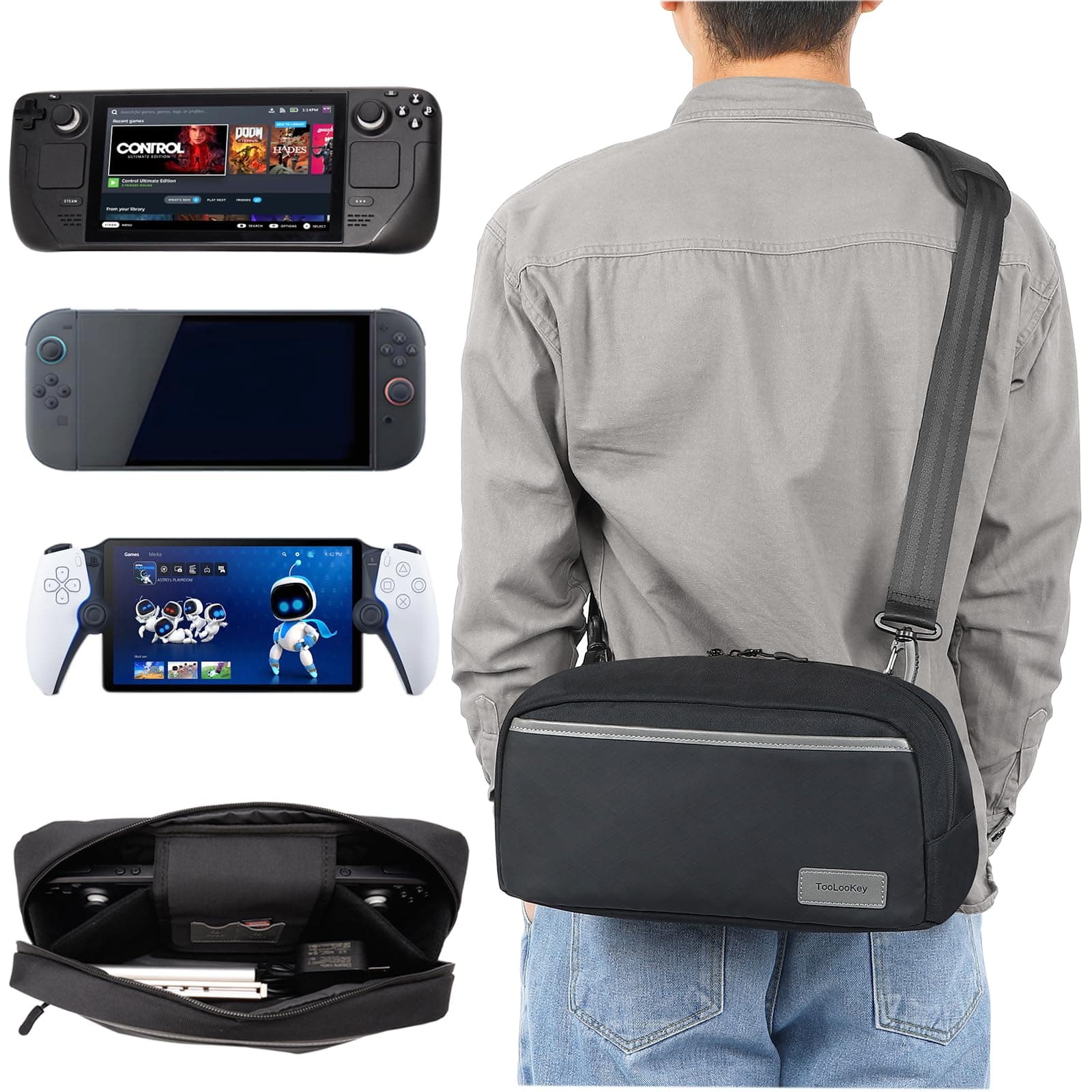 Carrying Case Bag for ASUS ROG Ally/Steam Deck/Hori Split Pad Pro, Protective Travel Shoulder Bag for Nintendo Switch/Switch OLED Model Joypad Controller & Game Handheld Console Accessories Storage