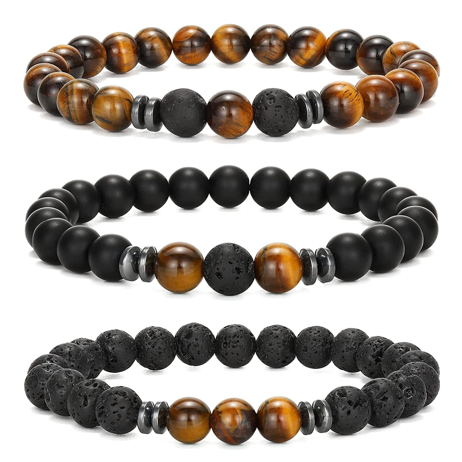 Karjiaja3 PCS Tigers Eye Bracelet Crystal Beads Agate Gemstones Natural Stone Chakra for Women Healing Positivity Anxiety Relief Yoga Reiki Elastic