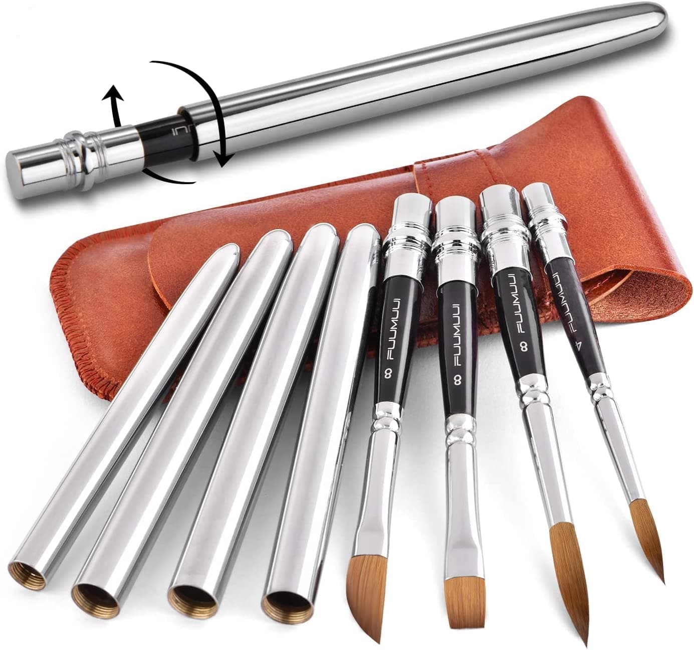 Kolinsky Travel Watercolour Brushes Sable Hair Round Watercolour Paint Brush 4Pcs Travel Brushes Set Portable Compact Artist Brushes with Pocket for Art Painting Gouache Acrylic Painting Oil Painting