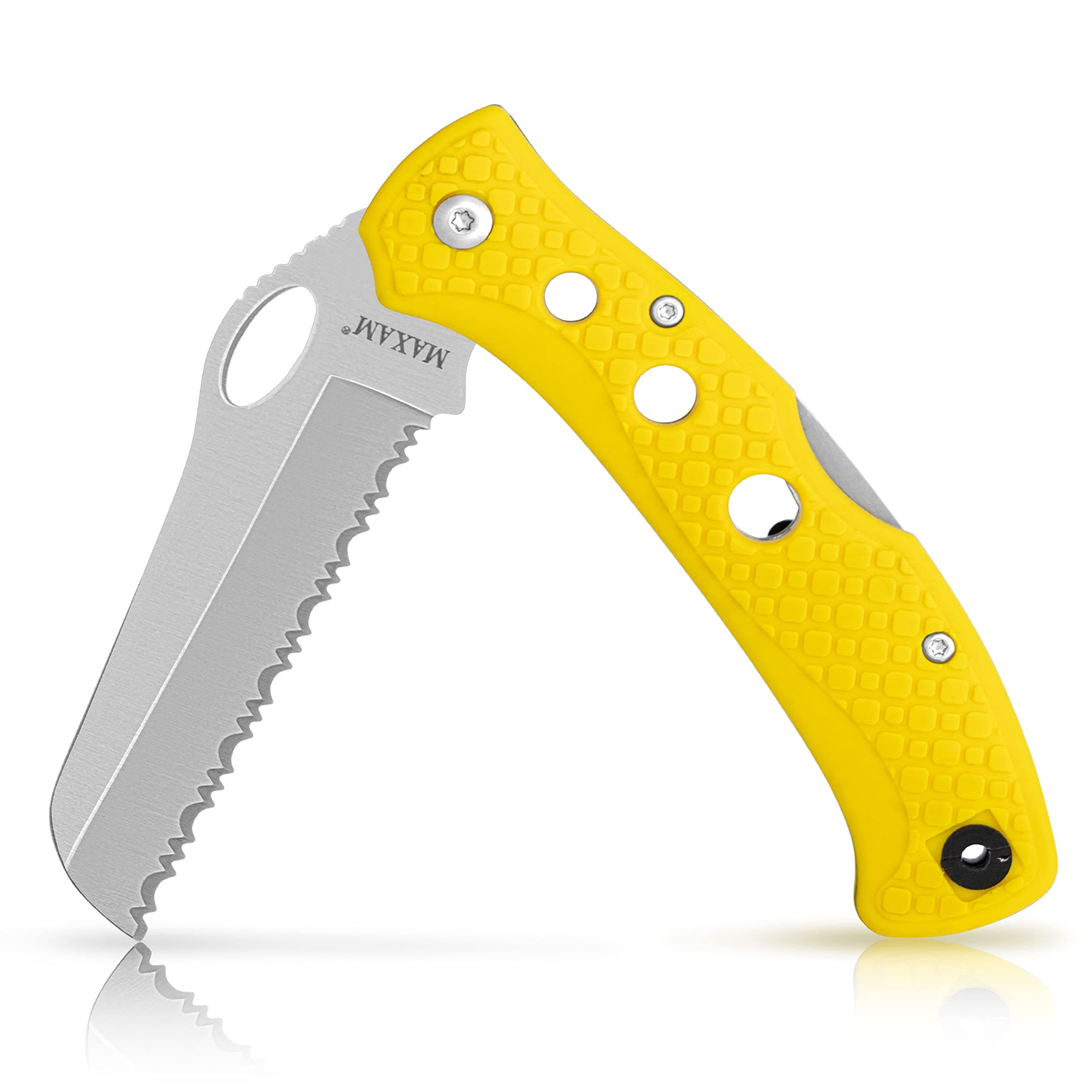 Maxam 5 Inch Saltwater Knife - Rust-Proof German Stainless Steel Serrated Blade with High-Visibility Yellow Handle, Reversible Pocket Clip, Lanyard Hole