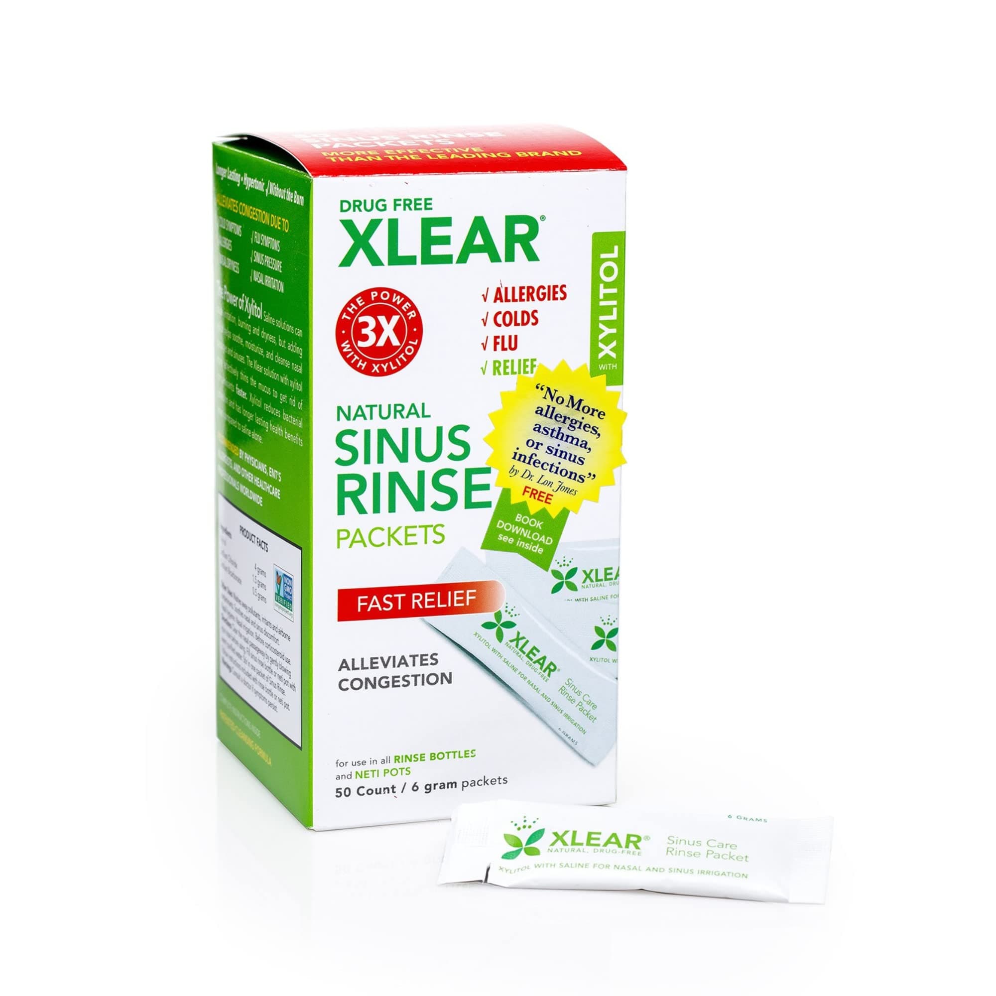 Xlear Natural Xylitol Sinus Rinse Refill, Neti Pot Saline Packets - Nose Cleaner, Works with Most Nasal Irrigation Systems, 50 Count (Pack of 1)