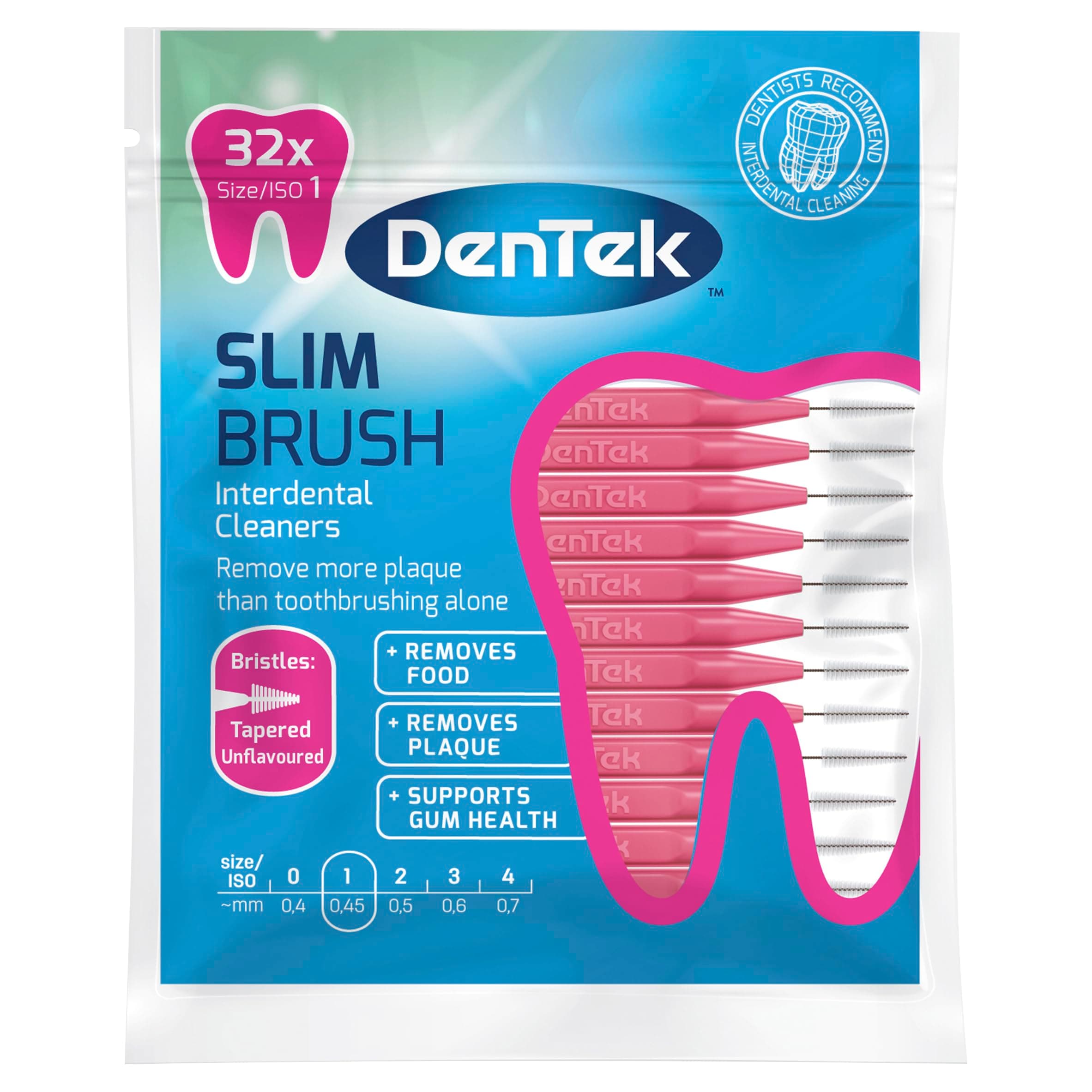Slim Brush Interdental Cleaners - Tapered Bristles - Unflavoured - 32 Per Pack - Iso 1 (0.45Mm)