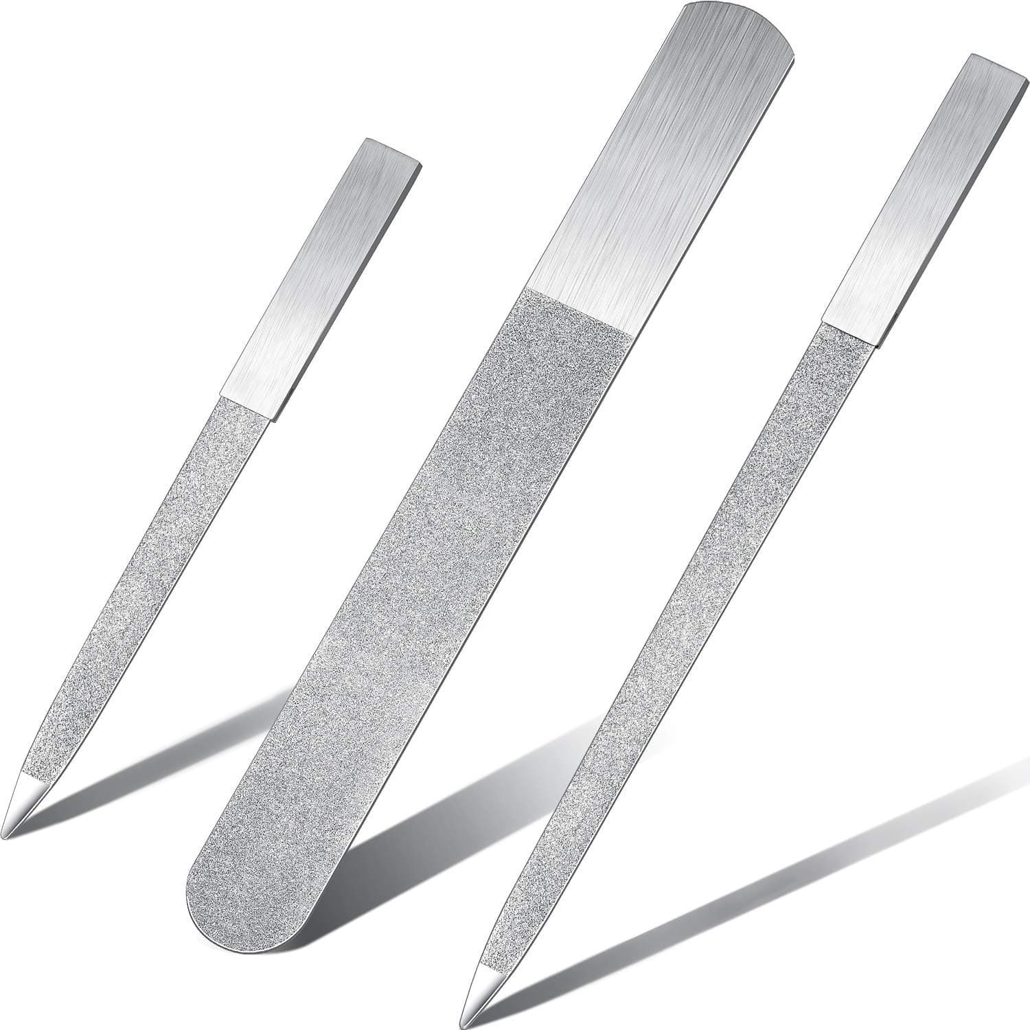Mudder 3 Pcs Metal Diamond Nail File Set for Women Men Stainless Steel Metal Double Side Fingernail Toenail Buffer Filers Silver Emery Boards for Salon Home Travel Manicure Pedicure Nail Care Tool