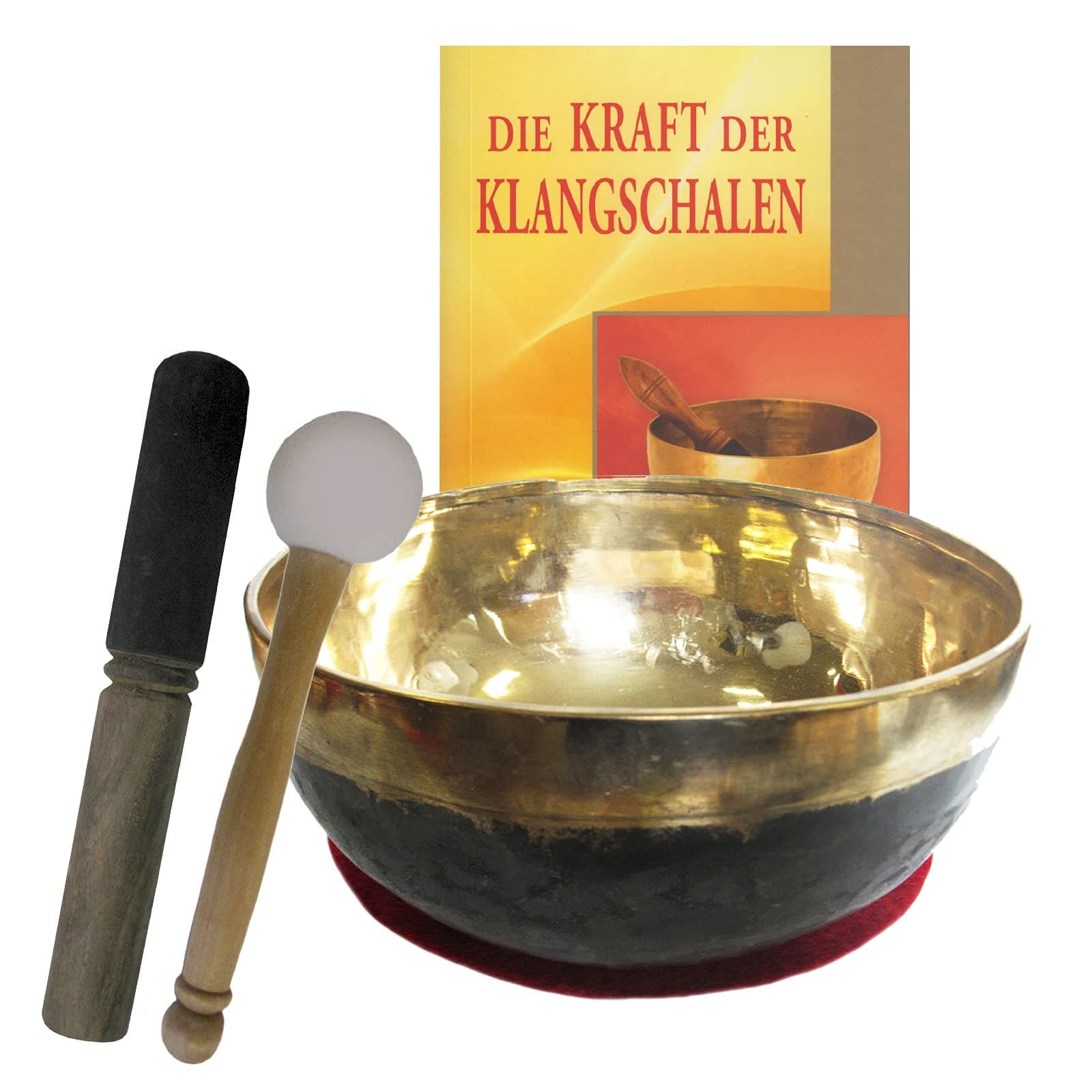 Singing Bowl Bengali Gold Black 4-Piece Massage Set with Book Therapy Quality: Children's Harmony Singing Bowl | 400 – 500 g Diameter Approx. 12-13 cm # Raindrops Cushion Wooden Leather Beater.