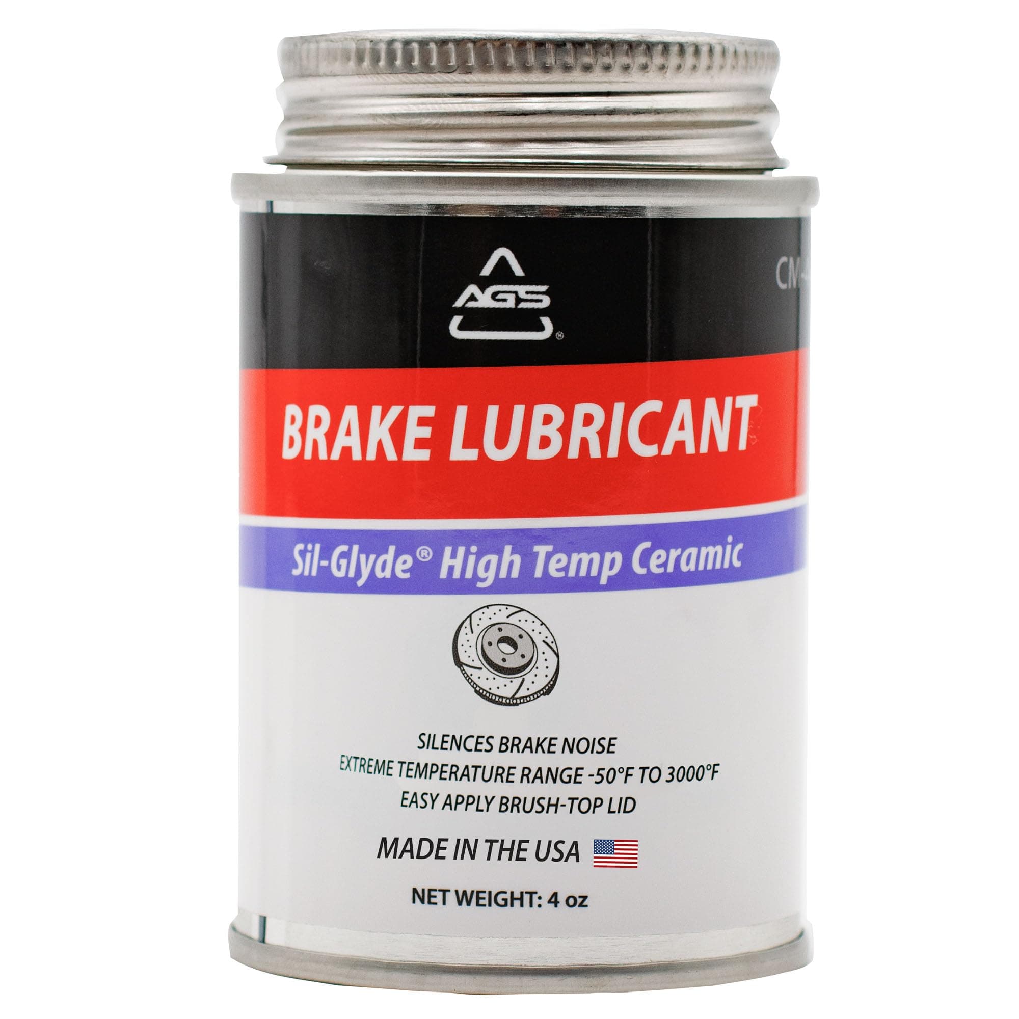 AGS Automotive Solutions Brush Top Can Ceramic-Glyde Silicone Brake Lubricant, 4oz, Compatible with Ceramic and Metallic Brake Pads, Noise Reduction Technology