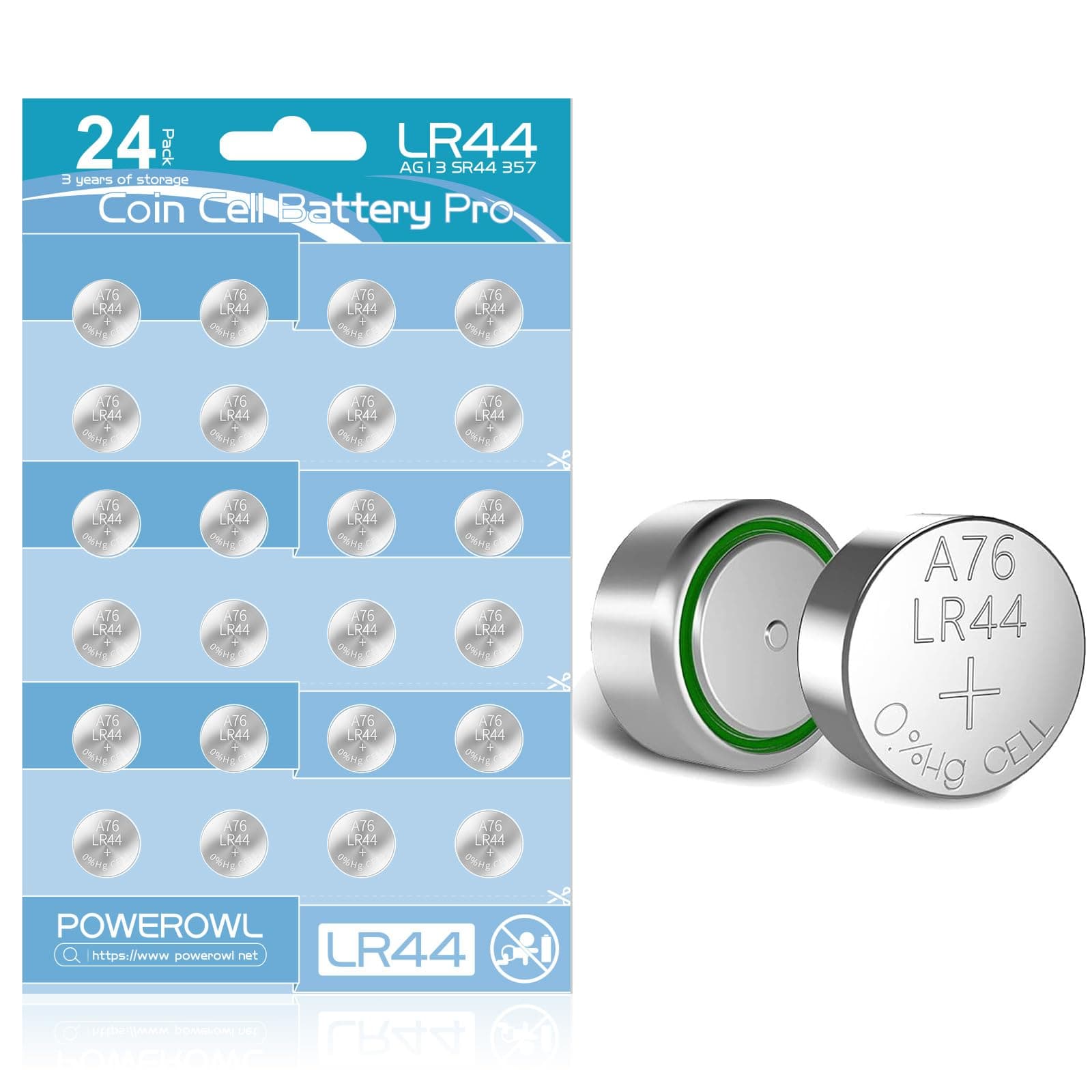 POWEROWL - LR44 Batteries (24 Pack) - High Capacity AG13 357 303 SR44 A76 Battery 1.5V Button Coin Cell Battery