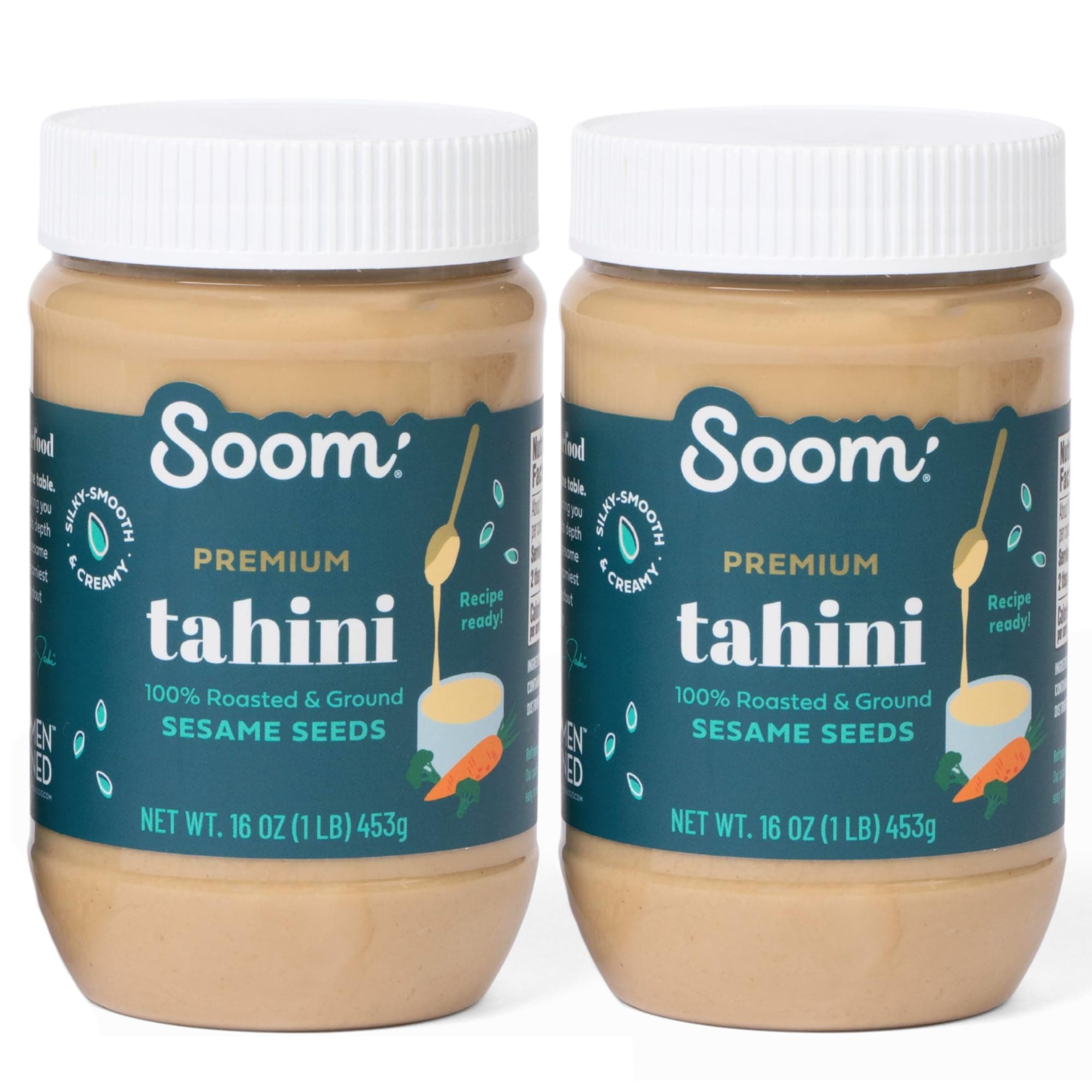 Soom Foods Ground Premium Sesame Tahini Paste 16oz (2 Pack) | Silky Smooth Texture in Hummus, Dips, Dressings | Vegan, Nut-Free, Gluten-Free, Dairy-Free, Paleo, Keto