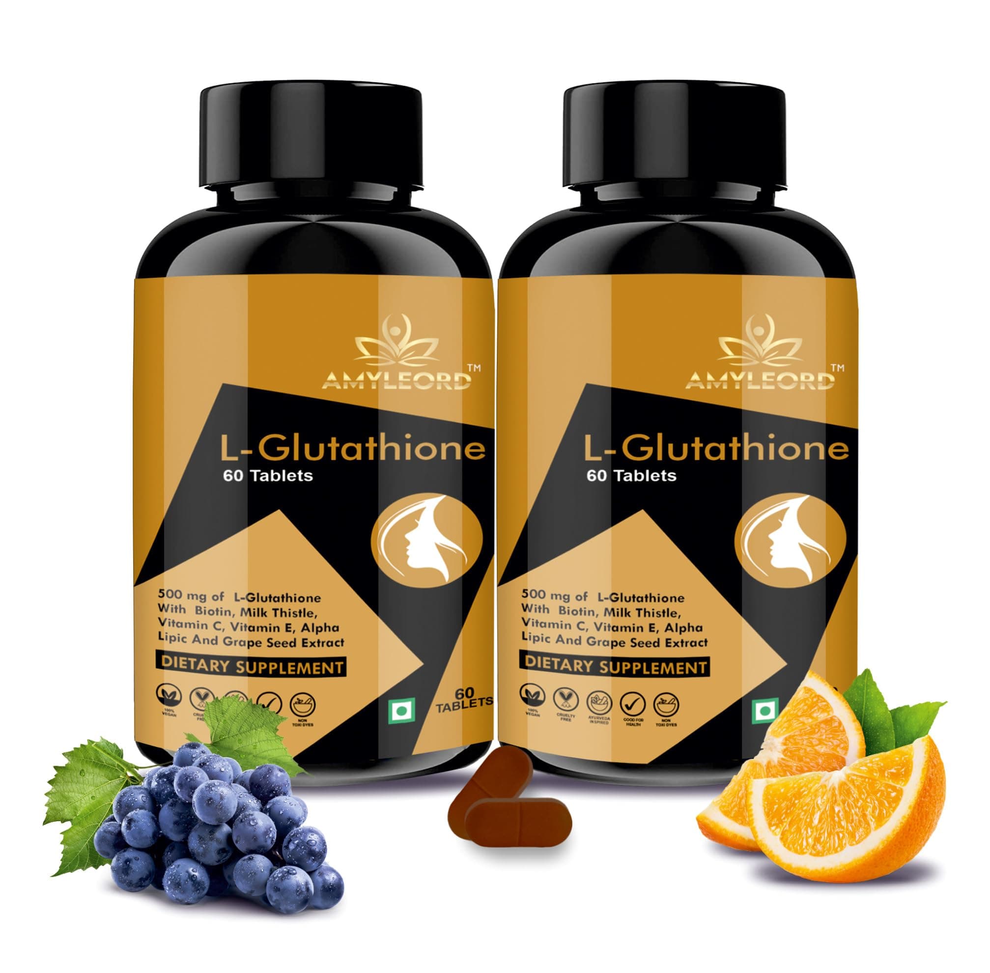 L - Glutathione Tablets 1000mg with Vitamin C & E, Milk Thistle, Biotin, Grape Seed Extract for Help to Skin Glow and Hydration (Combo) (Black Goden Flavour) (120 Count) MRP 2398 Rs.