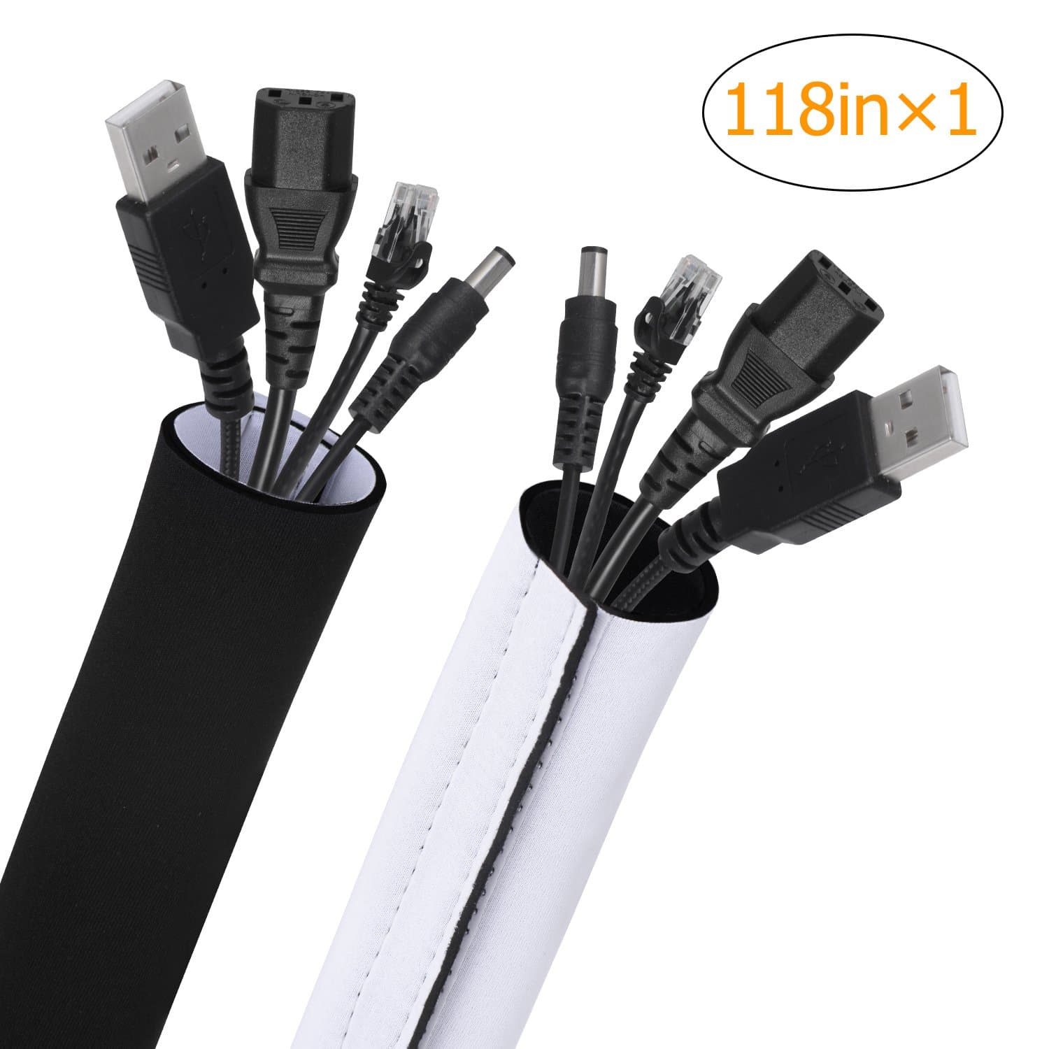 Cable Management Sleeves, 118'' Cord Management System, Neoprene Flexible Adjustable Cord Cover Sleeve for TV, Computer, Home Theater, Home Entertainment(Black & White)