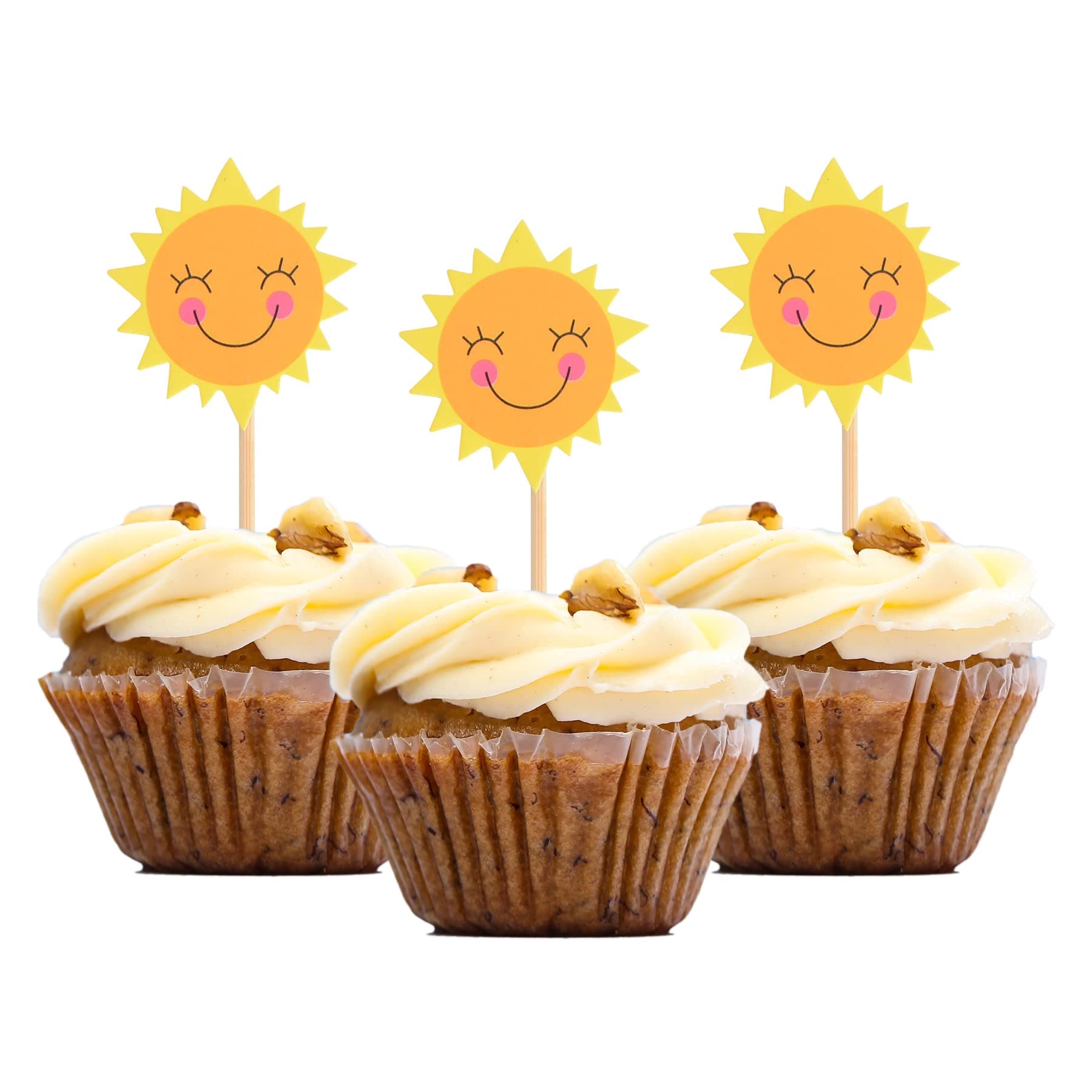 Sun Cupcake Toppers, 24Pcs Sun Flower Smiley Sunshine Sun Cake Food Fruit Picks for Birthday Wedding Decoration