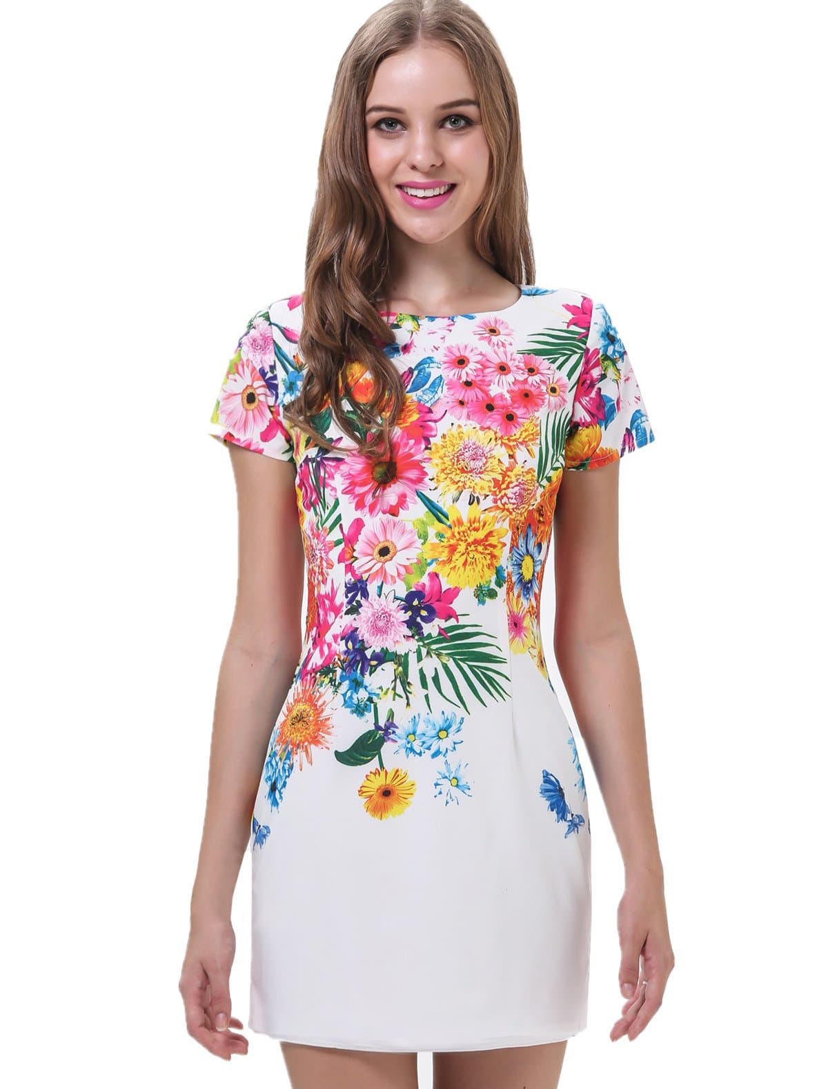 Sheinside Women's White Short Sleeve Florals Print Dress