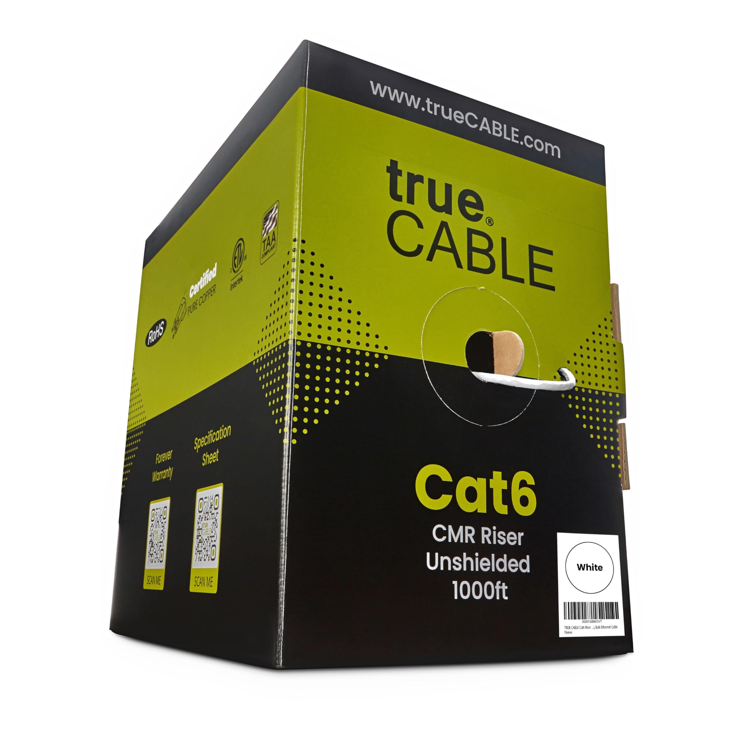 TRUE CABLE Cat6 Riser (CMR), 1000ft, White, 23AWG 4 Pair Solid Bare Copper, 550MHz, ETL Listed, Unshielded Twisted Pair (UTP), Bulk Ethernet Cable