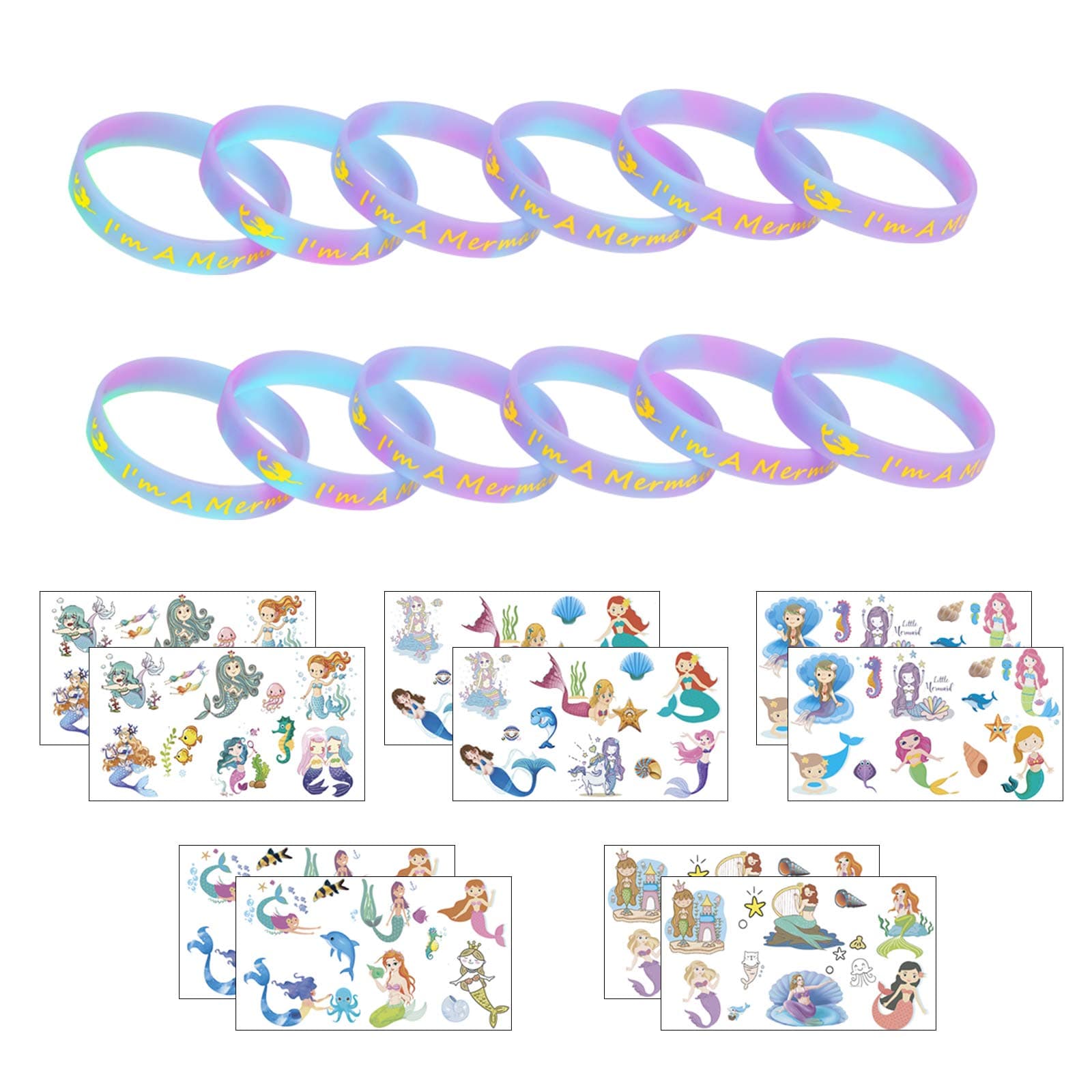 Mermaid Party Favors 12pcs I'm A Mermaid Bracelets and 10 sheets Mermaid Temporary Tattoos Under the Sea Themed Party Supplies Goody Bag Gifts for Boys Girls Carnival Prizes (bracelet+tattoos)