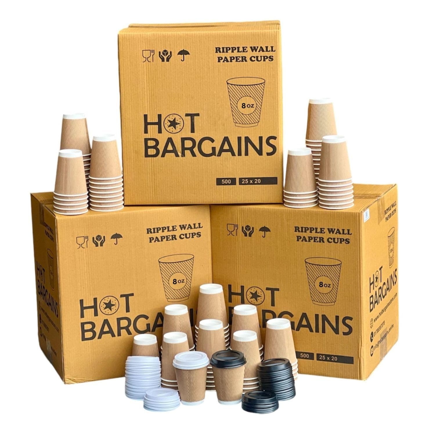 HOT BARGAINS - Kraft Triple Walled Disposable Paper Ripple Cups - 200 X 8oz/ 230ml, Hot Drink Cups + Reusable Lids