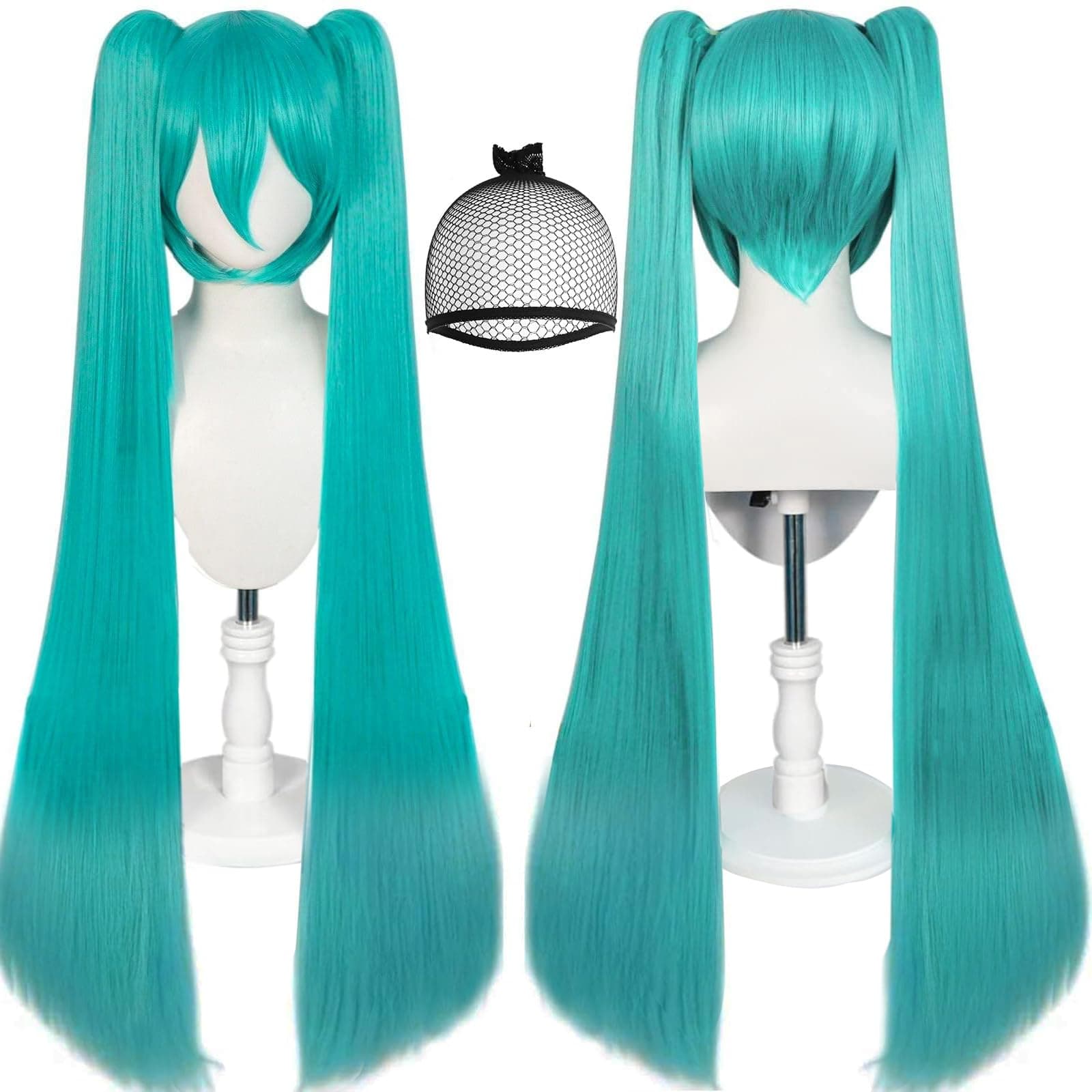 JoneTing 120CM/47inches Green Wigs【+Hair Cap】 Long Greenish Wig with 2 Ponytails for Women Long Straight Green Wigs with Bangs for Cosplay Wig Synthetic Hair for Halloween Christmas Party