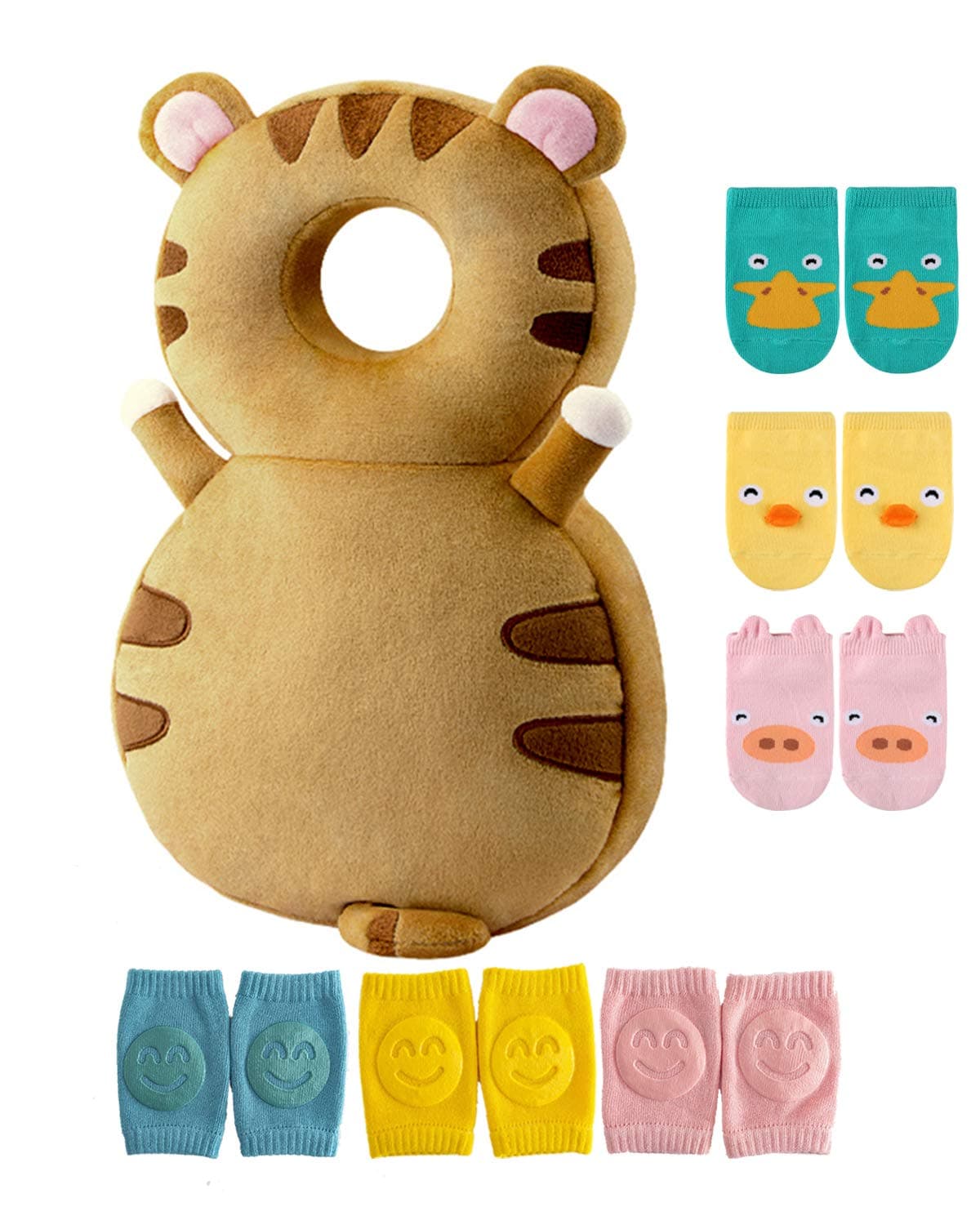 JunNeng Toddler Baby Head Protector Pad Safety Cushion with Knee Pads&Anti-Slip Socks (Tiger)