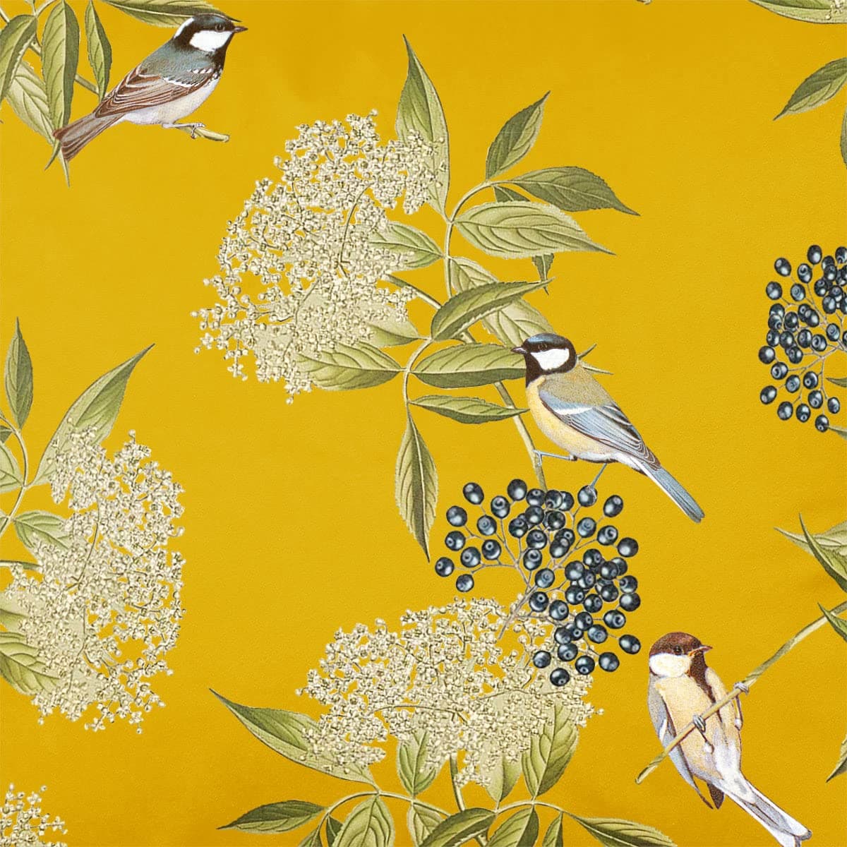 Izabela PetersIzabela Peters Luxury Upholstery Curtain Fabric - Eco-Friendly Velvet - Designer Blind, Craft, Sewing Fabric by The Metre - Bird On Elderflower - Mustard - Sample