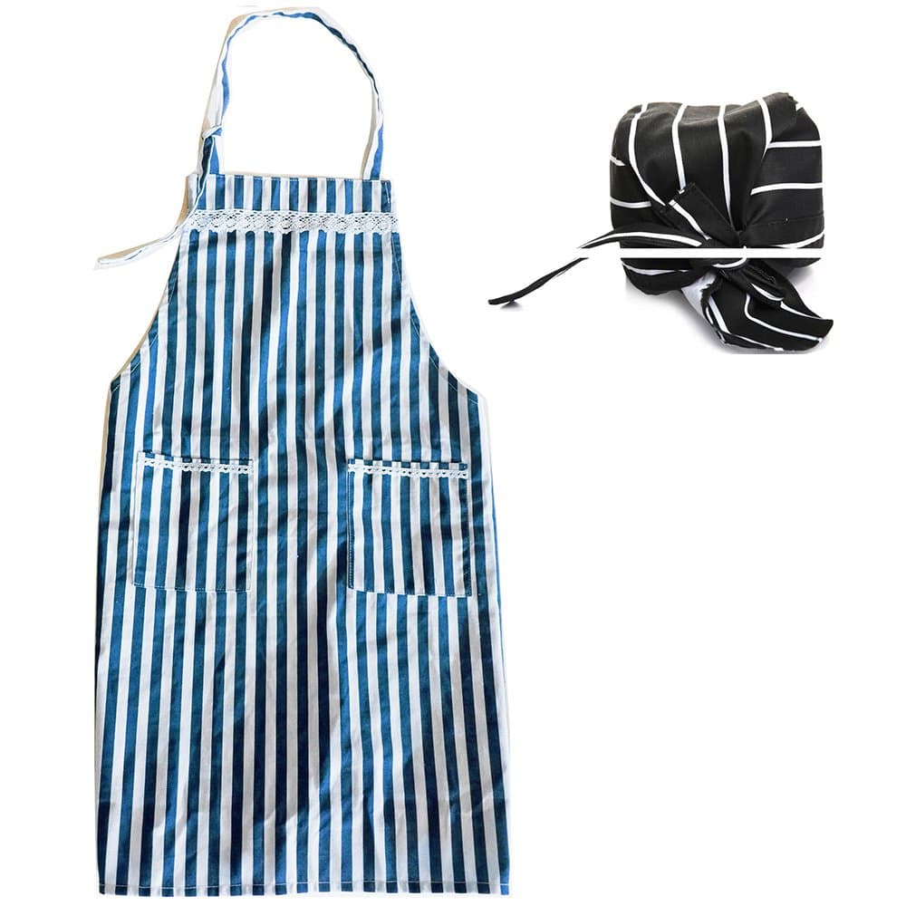 MEI SANG Garden Aprons with pocket , Blue and white striped Navy wind Chef Apron For Men AND Women and one Pirate chef Hat (blue FBA)