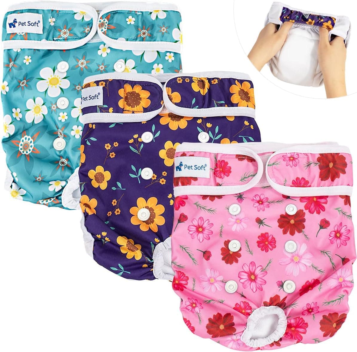 Pet Soft Washable Female Diapers (3 Pack) Female Dog Diapers, Comfort Reusable Doggy Diaper for Girl Dog in Period Heat (Cute Flower, M)