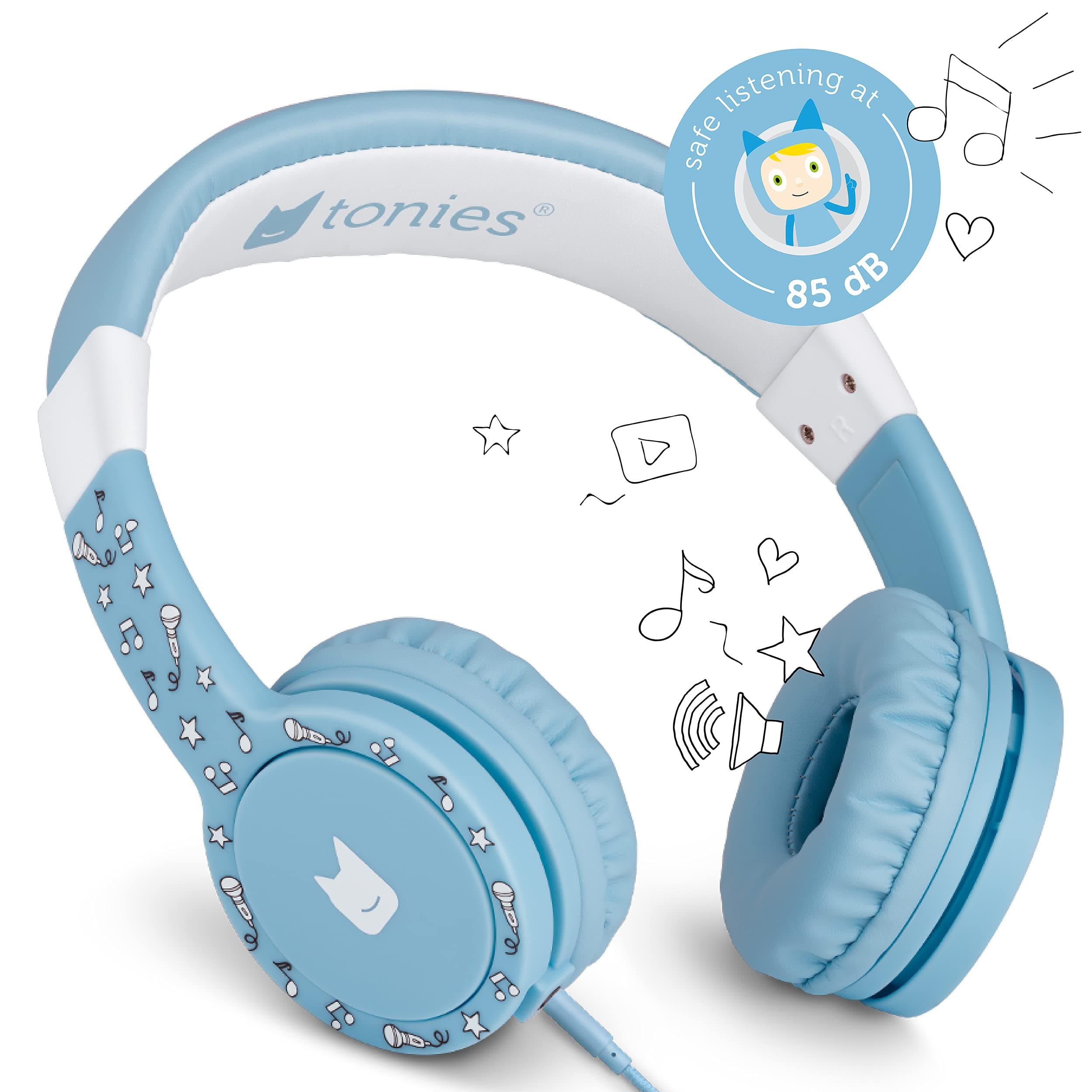 toniesKids Headphones Wired for Toniebox, Kid-Safe Volume-Limiting Cushioned Over Ear Headphones for Listening to Audiobooks, 1.2m Cable and 3.5mm Jack, Blue
