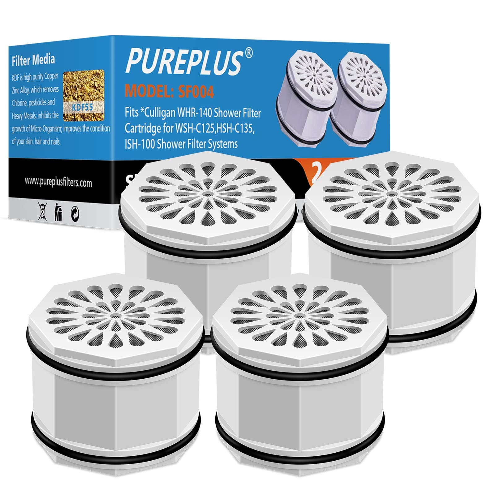 PUREPLUSWHR-140 Shower Head Filter Cartridge, Replacement for Culligan WSH-C125, HSH-C135, ISH-100, HSH-BN135, S-H200-C, S-H200-BN, S-W100-C Advanced KDF WTR Filtration & Consistent Water Flow, 4Pack